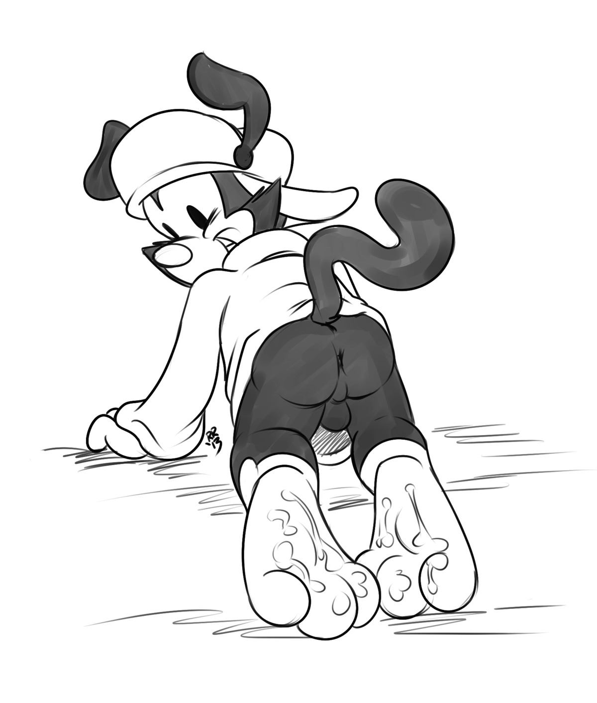 2013 3_toes all_fours animaniacs anthro anus backsack balls bodily_fluids bottomless butt clothed clothing cum cum_on_feet e621 feet foot_focus furgonomics genital_fluids genitals hat headgear headwear hi_res inkblot male mammal monochrome paws plantigrade roarey_raccoon signature solo toes wakko_warner warner_brothers young young_anthro