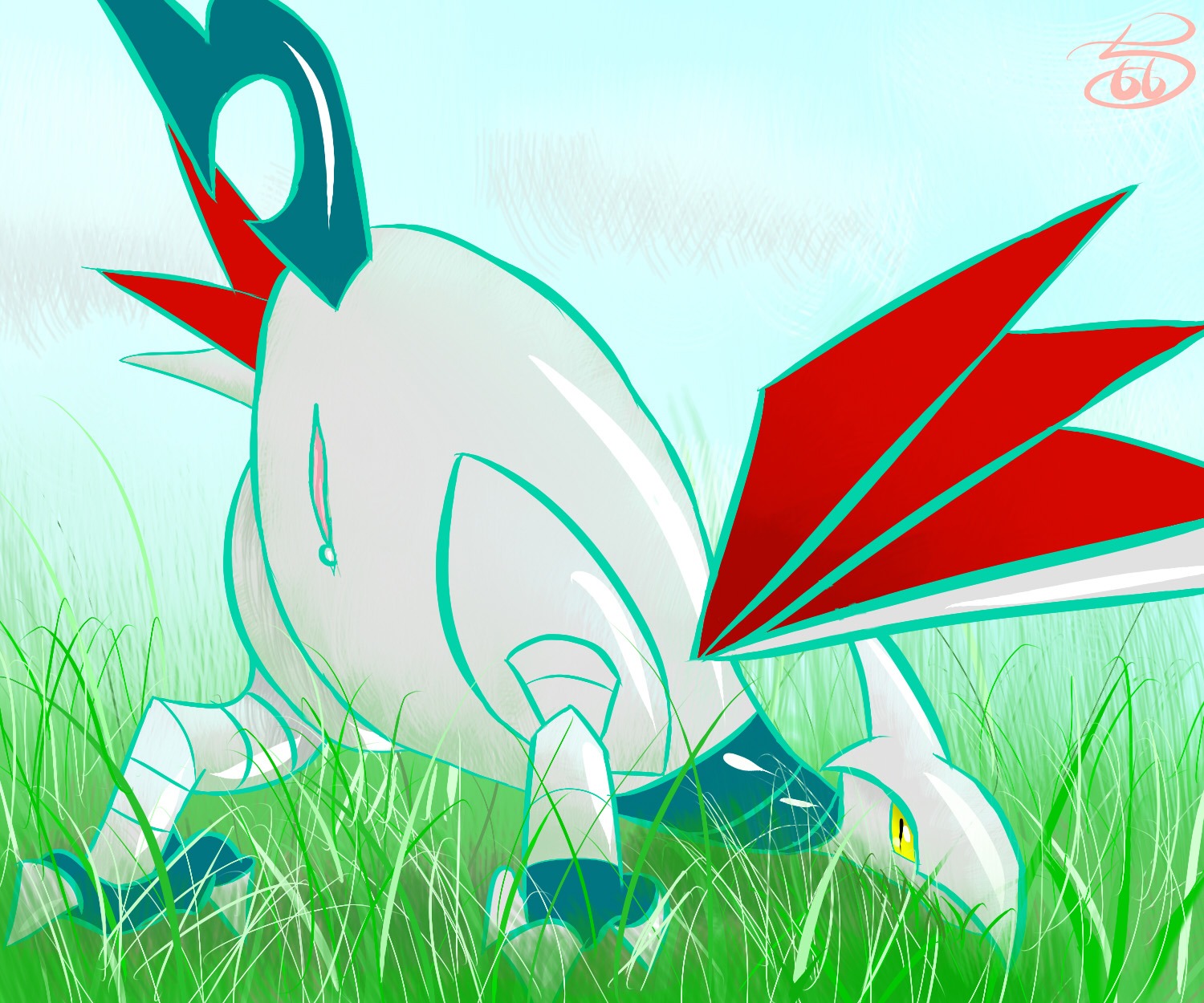 6:5 avian avian_butt bird conditional_dnp day e621 female feral generation_2_pokemon genitals grass hi_res klaide looking_back metallic_body nintendo outside plant pokemon pokemon_(species) skarmory sky solo vulva wings