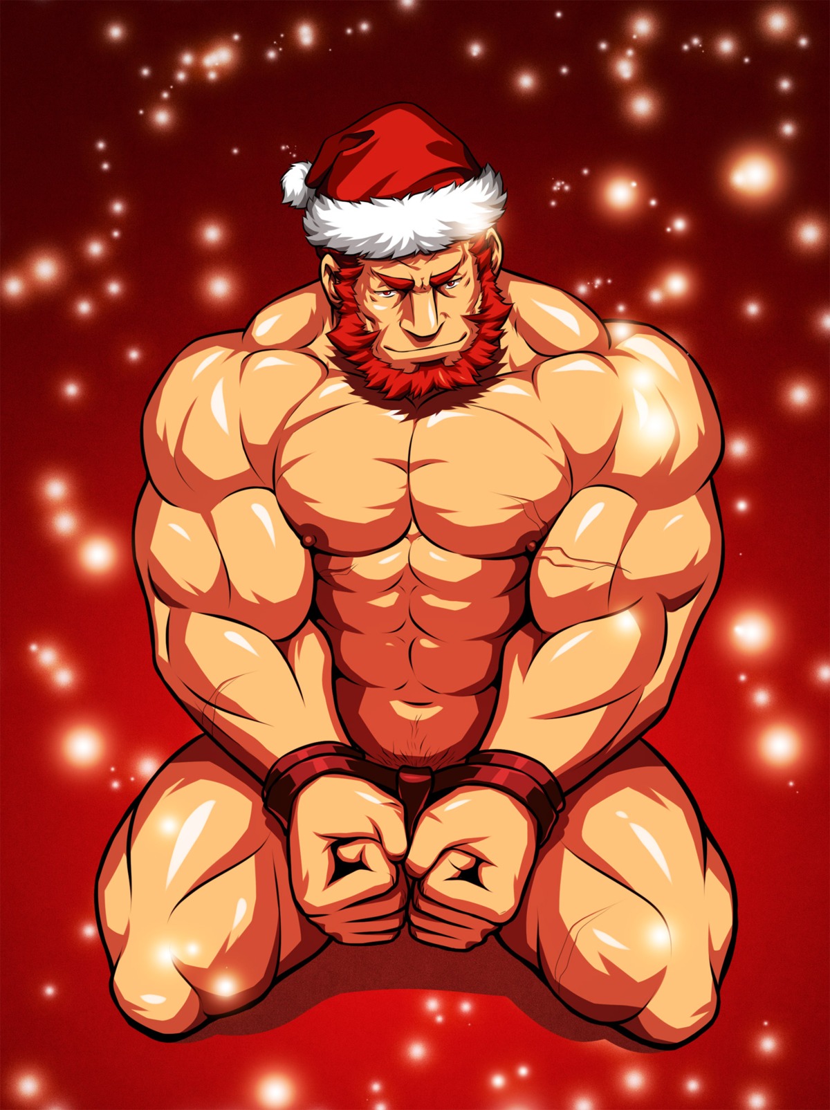 1boy abs bara beard beefy bound christmas facial_hair fate/zero fate_(series) fists_clenched human iskandar_(fate) kneeling male male_nipples male_only male_pubic_hair masculine masculine_male mature_male muscles muscular muscular_male nipples nude pecs pubic_hair red_hair rider rule34 santa_claus santa_hat scars smooth_skin smooth_skinned_male softcore solo topless yaoi zelo-lee