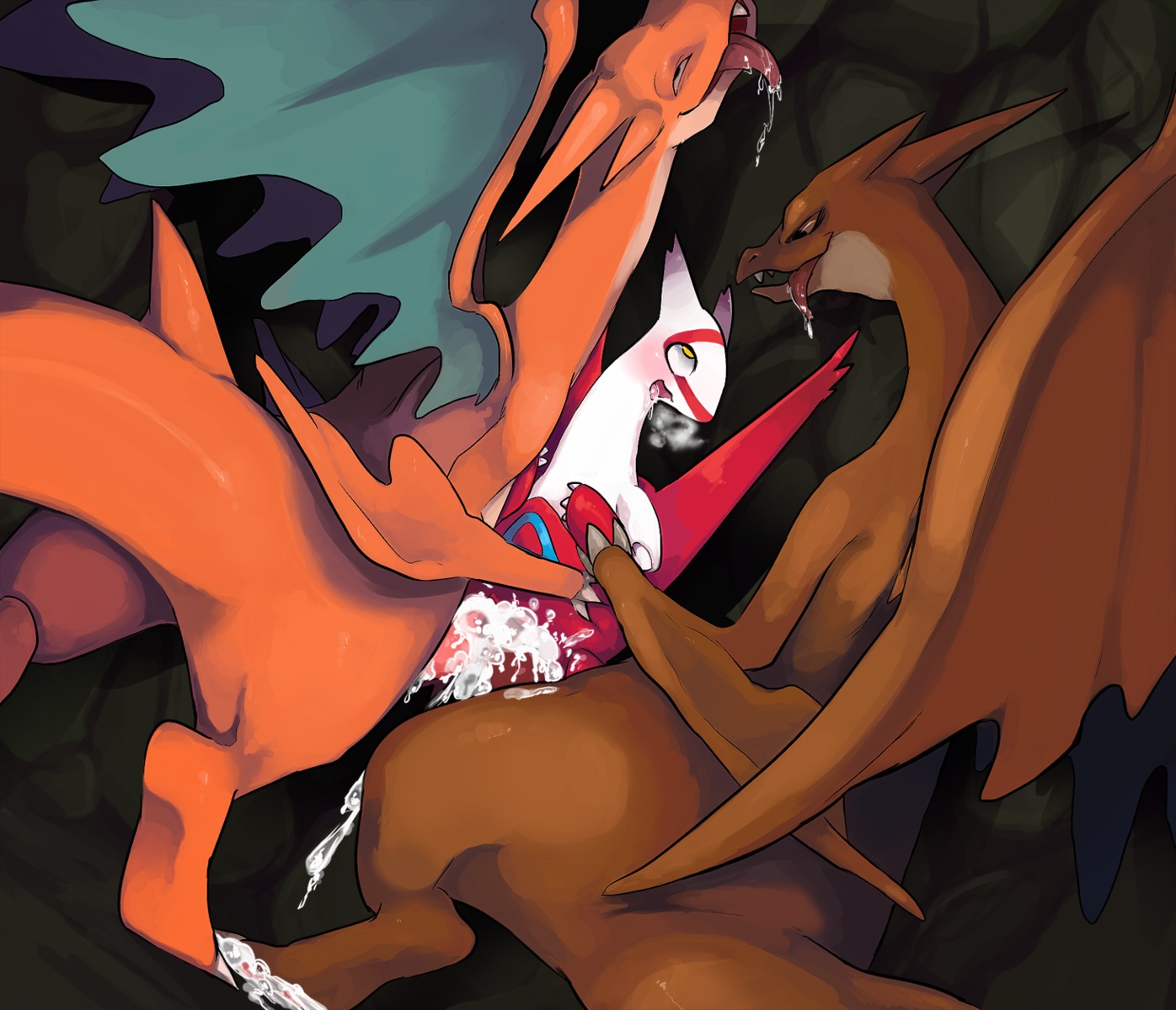 against_surface against_wall blood blush bodily_fluids claws cum cum_drip cum_in_vagina cum_inside double_penetration double_vaginal dragon dripping drooling e621 erection female feral feral_on_feral fucked_silly generation_3_pokemon generation_6_pokemon genital_fluids genitals group group_sex hi_res interspecies larger_male latias legendary_pokemon looking_pleasured male male/female male_penetrating mega_charizard mega_charizard_y mega_evolution membrane_(anatomy) membranous_wings mythological_creature mythological_scalie mythology nintendo orgasm penetration penis pokemon pokemon_(species) saliva scalie sex size_difference smaller_female tail threesome tingtongten tongue tongue_out vaginal vaginal_penetration wings