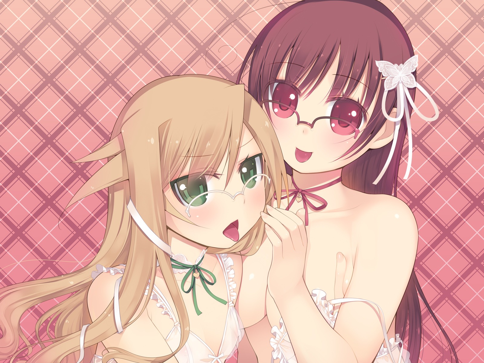 2girls arima_senka arima_senne brown_hair butterfly female female_only glasses green_eyes highres huge_eyes human kashiwamochi_yomogi looking_at_viewer multiple_females multiple_girls no_visible_genitalia open_mouth original red_eyes rule34 siblings sisters smooth_skin straight_hair tongue