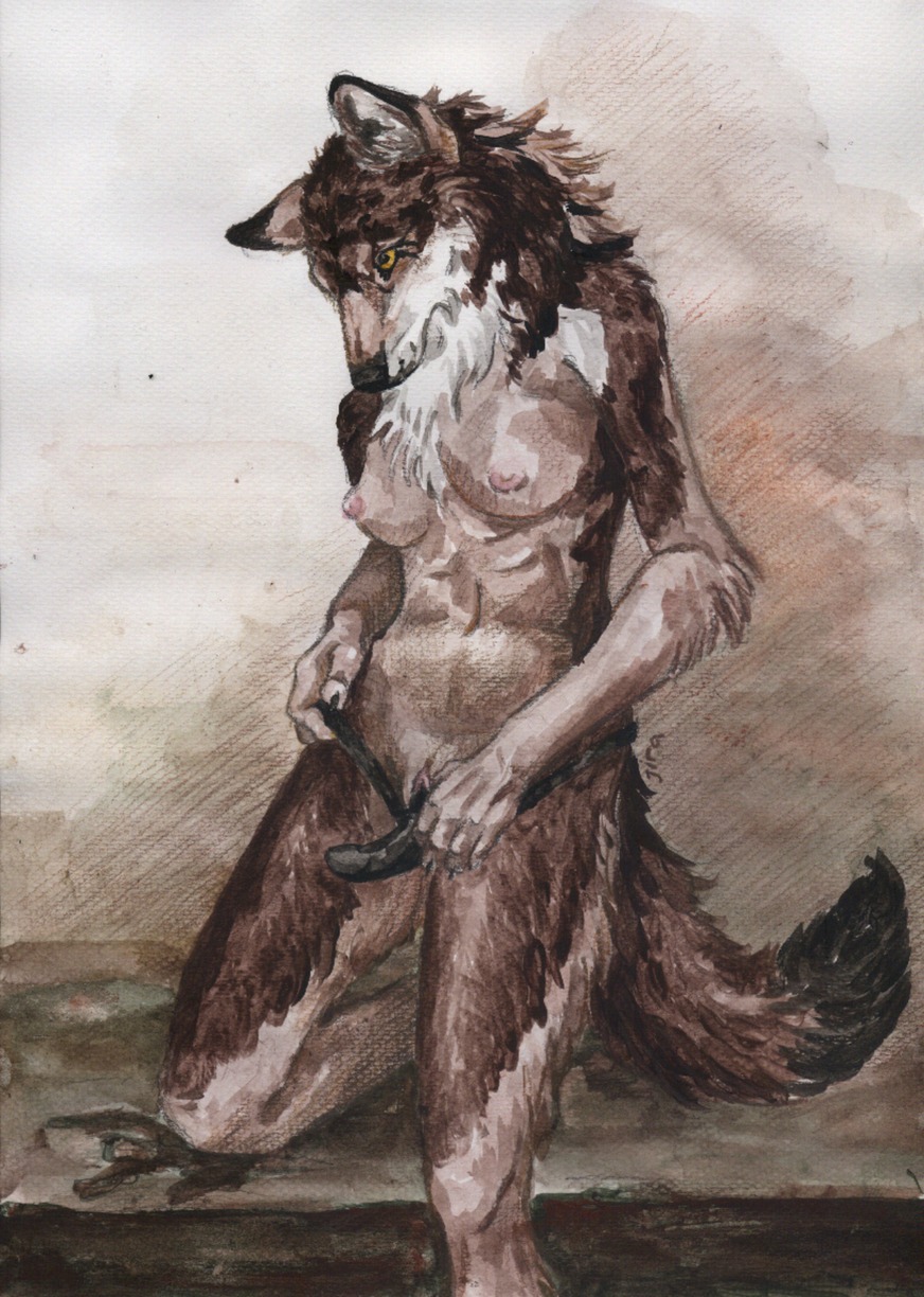 2010 anthro biped brown_body brown_fur canid canine canis dildo e621 female front_view fur hi_res jiraiya_(furaffinity) mammal nude painting_(artwork) portrait sex_toy simple_background solo standing strapon tail three-quarter_portrait traditional_media_(artwork) traditional_painting_(artwork) traditional_watercolor_(artwork) watercolor_(artwork) wolf