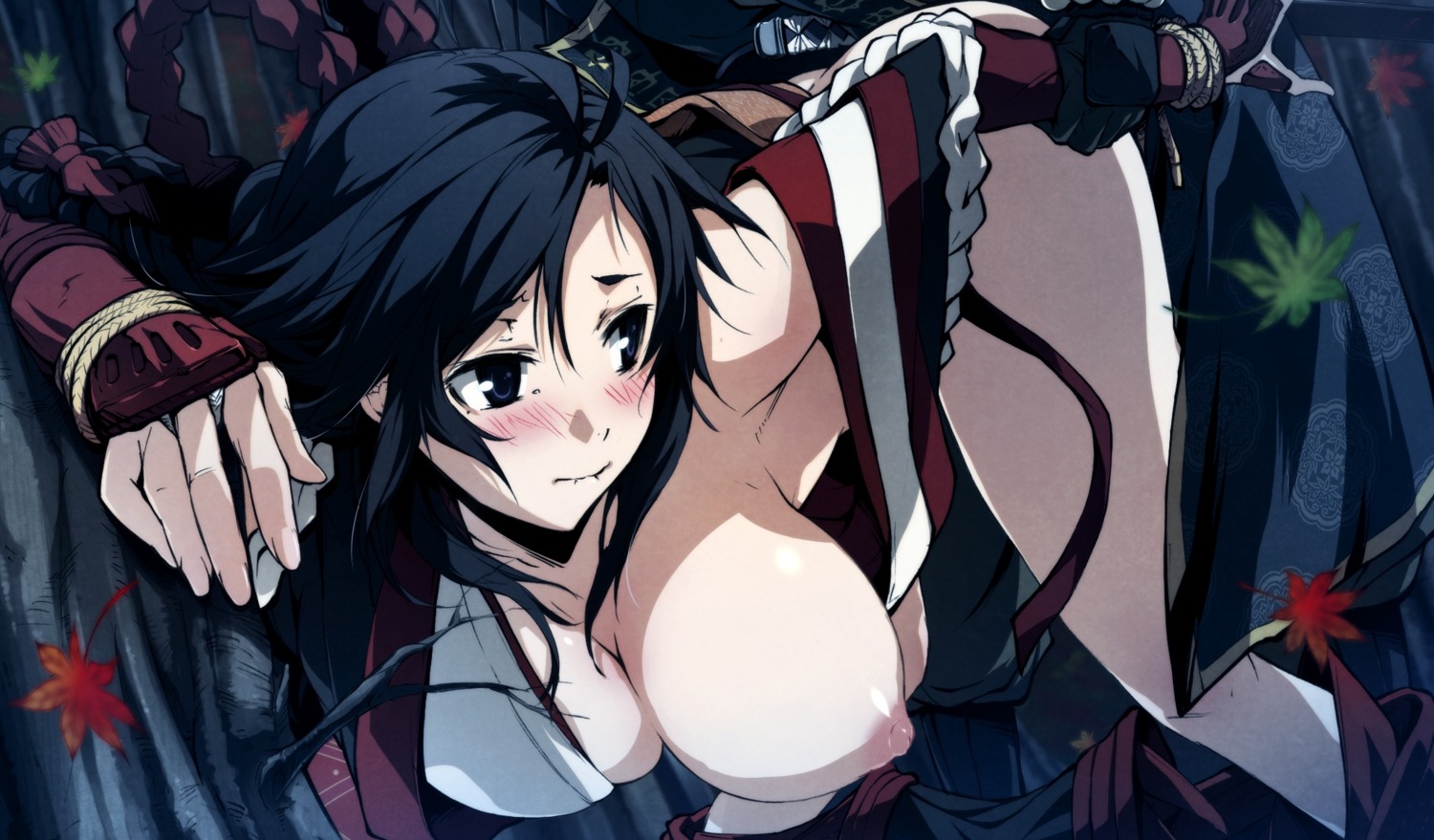 areolae bent_over biting_lip black_eyes black_hair blush breast_slip breasts breasts_out cleavage female g_yuusuke game_cg hanging_breasts highres kajiri_kamui_kagura kujou_shiori large_breasts leaf nipples one_breast_out rule34 sex shinza_bansho_series