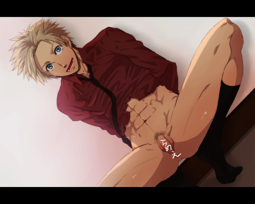 abs against_wall arms_behind_back axis_powers_hetalia bara blonde_hair blue_eyes blush bottomless censored crouch denmark_(hetalia) flaccid footwear male male_only muscles necktie open_mouth penis pubes pubic_hair red_shirt rule34 shima_kyousuke smile socks solo spread_legs tie yaoi
