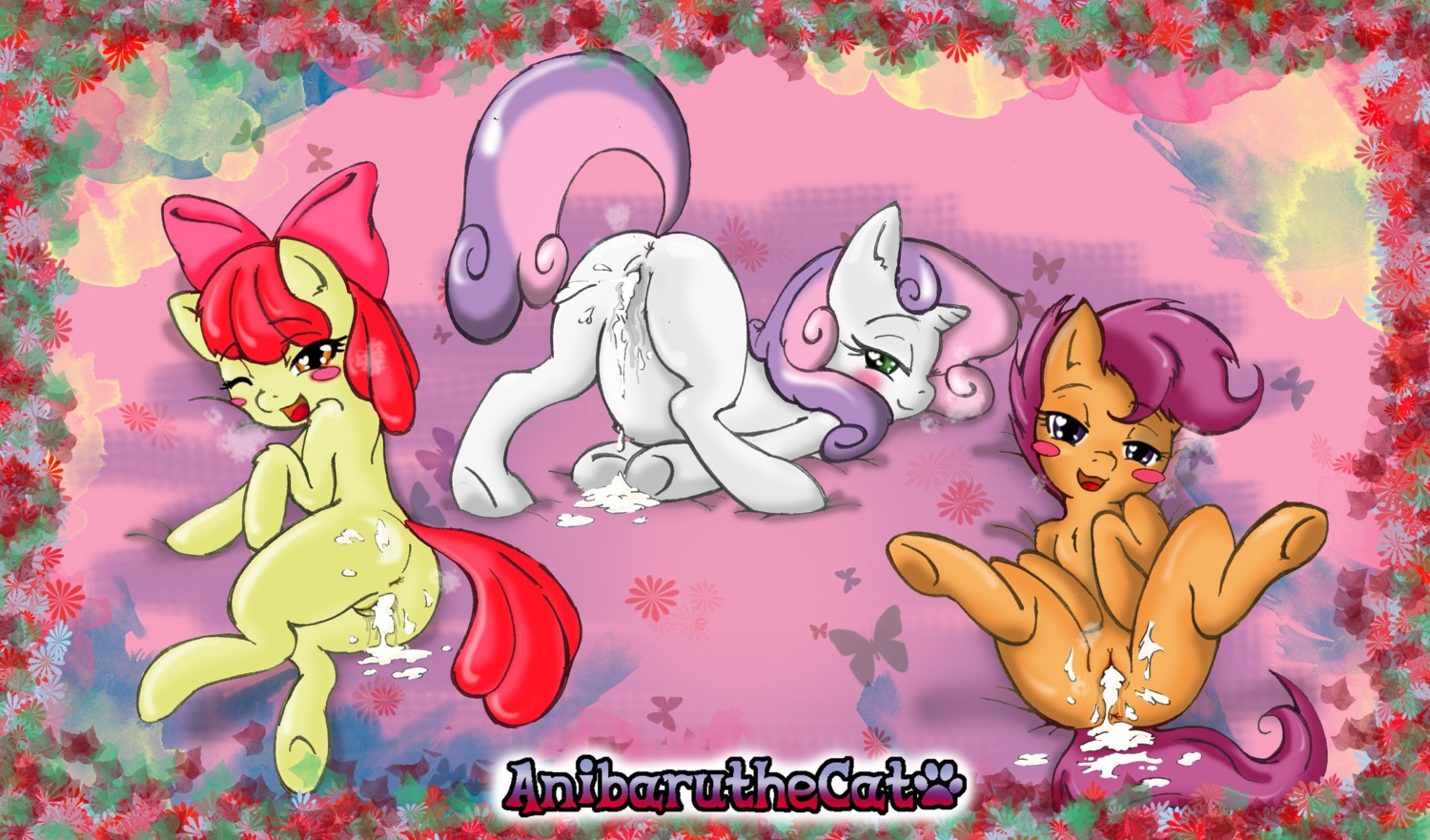 2013 absurd_res accessory after_sex amber_eyes anibaruthecat anus apple_bloom_(mlp) ass_up blush bodily_fluids bow_(feature) bow_accessory bow_ribbon brown_body brown_fur butt cum cum_in_vagina cum_inside cutie_mark_crusaders_(mlp) digital_media_(artwork) e621 earth_pony equid equine female female_focus feral friendship_is_magic fur genital_fluids genitals green_eyes group hair hair_accessory hair_bow hair_ribbon hasbro hi_res horn horse loli looking_at_viewer lying mammal multicolored_hair my_little_pony mythological_creature mythological_equine mythology on_side pony purple_eyes purple_hair red_hair ribbons scootaloo_(mlp) spread_legs spreading sweetie_belle_(mlp) tail two_tone_hair unicorn vulva young young_feral