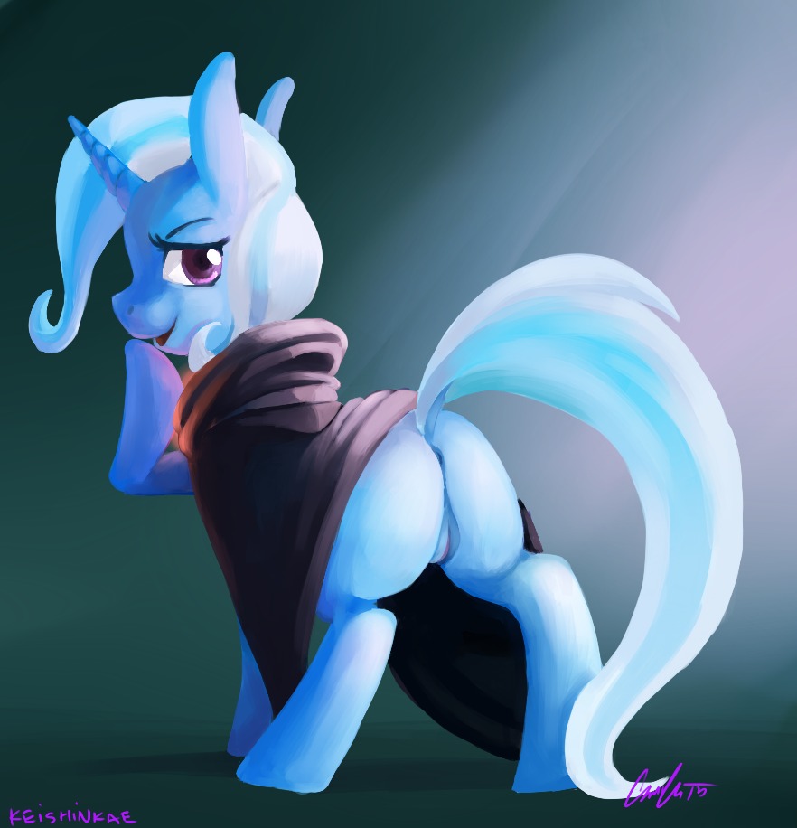 2012 anus blue_body blue_fur butt cloak clothing e621 equid equine female feral friendship_is_magic fur genitals hair half-closed_eyes hasbro horn keishinkae looking_at_viewer mammal multicolored_hair my_little_pony mythological_creature mythological_equine mythology narrowed_eyes purple_eyes raised_tail solo standing tail trixie_(mlp) two_tone_hair unicorn vulva