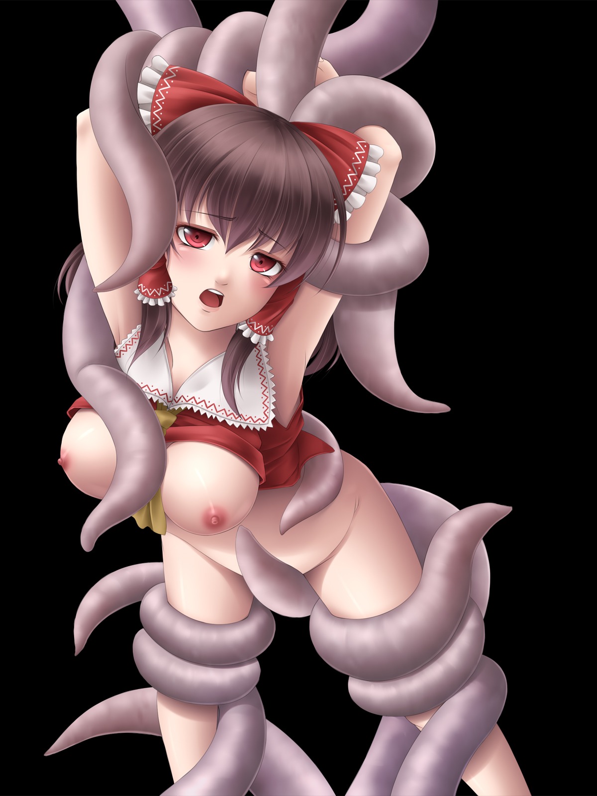 bottomless bow brown_eyes brown_hair female hair_tubes hairbow highres human long_hair mochi.f no_bra no_panties reimu_hakurei rule34 shirt_lift tentacle touhou