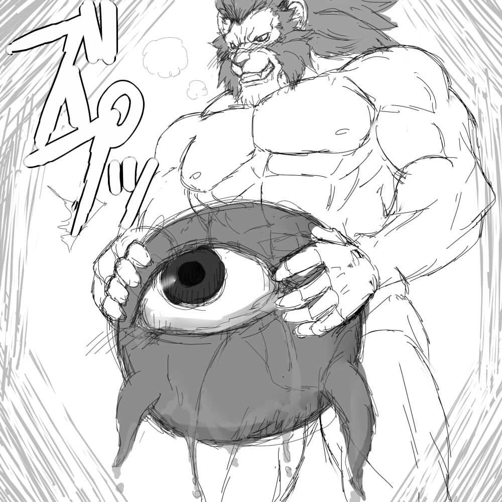 1:1 abs akuann anthro biceps bodily_fluids duo e621 felid floating fur hair kuromaru leo_(red_earth) lion male mammal monochrome mugen muscular nipples nude pantherine pecs red_earth saliva scar sketch smile standing tears