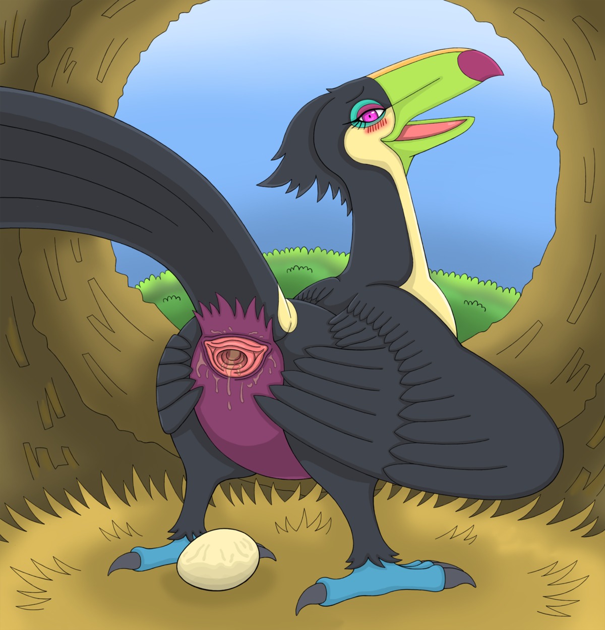 animal_genitalia avian avian_butt beak bird black_body black_feathers blue_sky_studios blush bodily_fluids cloaca dripping e621 egg eva_(rio) fang_asian feathered_wings feathers female feral gaping gaping_cloaca genital_fluids genitals hi_res horizontal_cloaca keel-billed_toucan looking_at_viewer mature_female open_mouth oviposition piciform presenting presenting_cloaca purple_eyes rio_(series) solo spreading toucan true_toucan wet wings