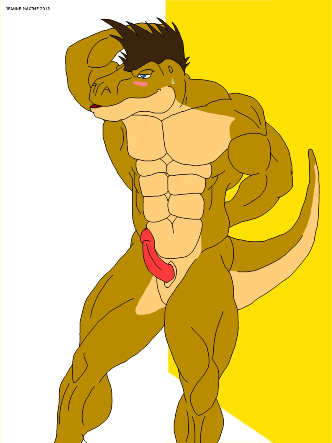 2013 3:4 abs abstract_background anthro athletic balls biceps biped blue_eyes blush bodily_fluids brown_body brown_hair brown_skin dinosaur e621 erection flexing genitals hair hands_behind_head hi_res jonathan_alexander male maxime-jeanne muscular muscular_anthro nude pecs penis pose prehistoric_species red_penis reptile saurischian scales scalie simple_background solo standing sweat tail theropod tyrannosaurid tyrannosauroid tyrannosaurus tyrannosaurus_rex vein white_background