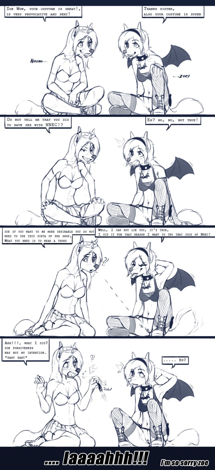 anthro bra breasts broken_language canid canine canis clothing collar comic domestic_dog duo e621 english_text female genitals hair halloween hi_res holidays husky legwear mammal membrane_(anatomy) membranous_wings monochrome naomi_(qew123) nnecgrau nordic_sled_dog pain panties pussy_tape sibling_(lore) sister_(lore) sisters_(lore) smile spitz stockings tape text underwear vulva wings wolf zoe_(nnecgrau)