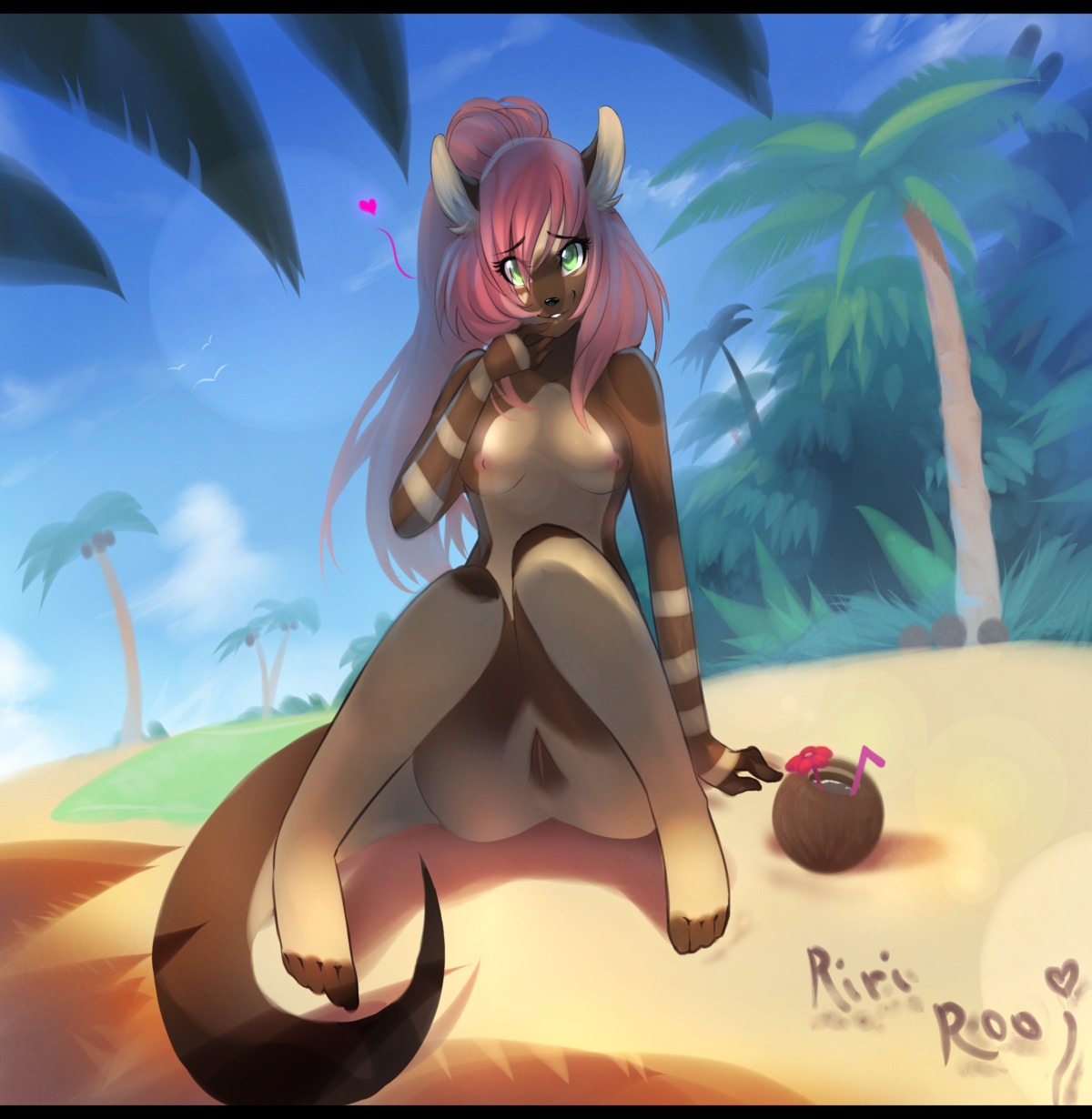 beach black_nose breasts female green_eyes heart kanel kangaroo marsupial nipples nude pink_hair pussy rule34 seaside sitting solo tail