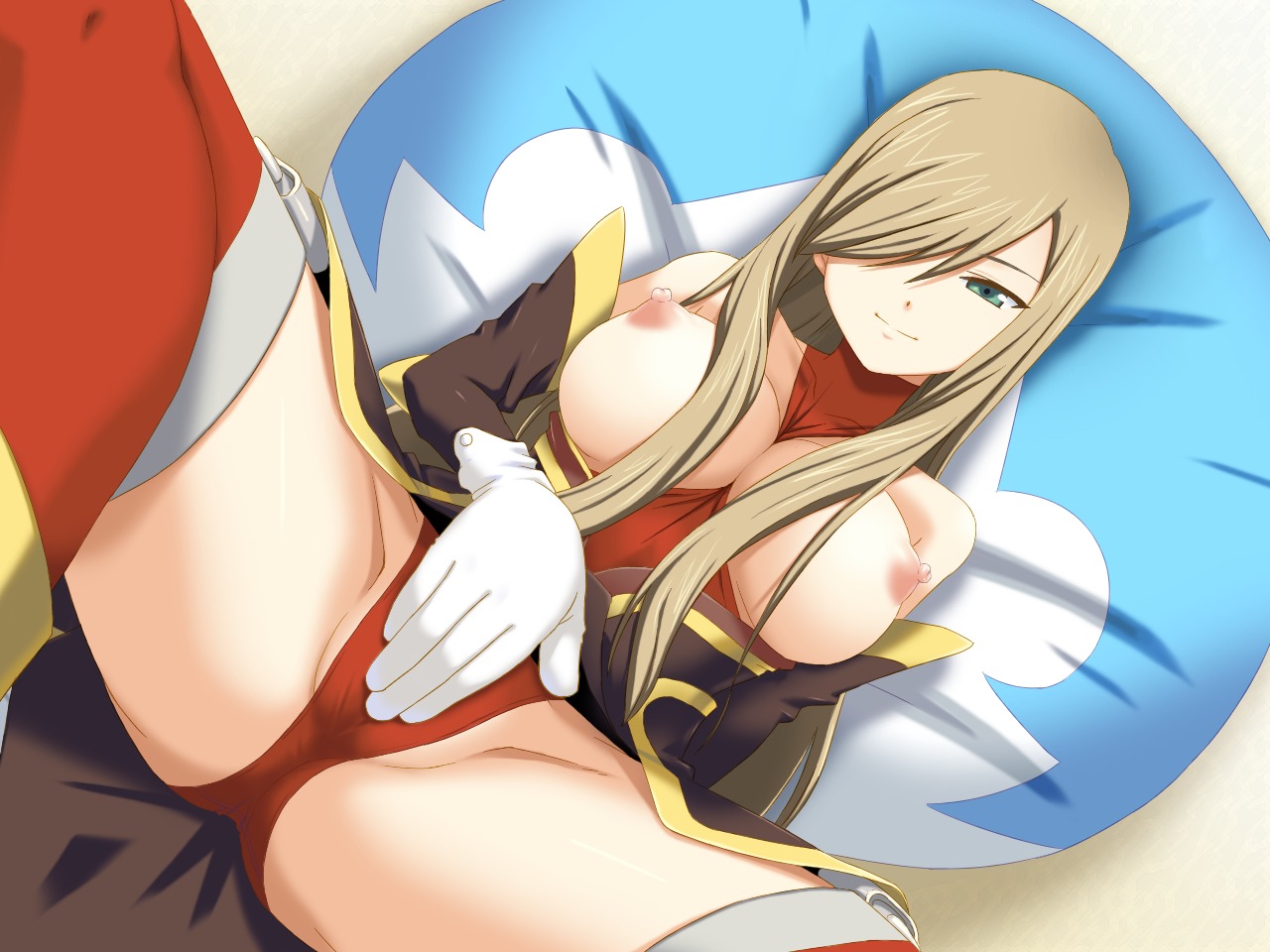 1girls bare_shoulders breasts breasts_out brown_hair covering covering_crotch dutch_angle female gloves green_eyes hair_over_one_eye hou_(hachiyou) large_breasts long_hair nipples panties pillow red_panties rule34 smile solo spread_legs tales_of_(series) tales_of_the_abyss tear_grants thighhighs thighs underwear white_gloves