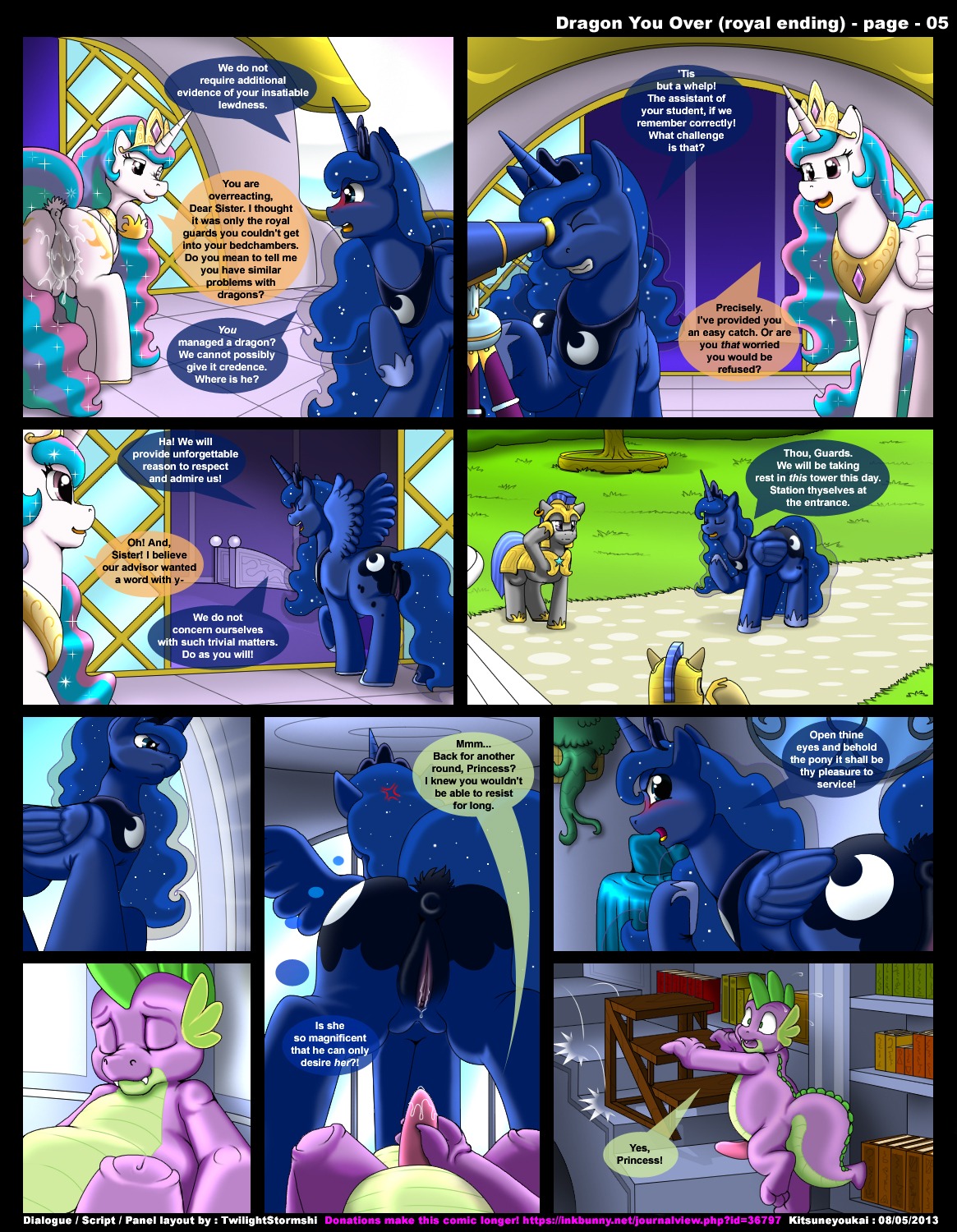 2013 anus blue_body blue_eyes blue_feathers blue_fur blue_hair bodily_fluids butt butt_grab comic crown cum cum_in_vagina cum_inside cutie_mark dialogue dragon e621 english_text equid equine erection eyes_closed fangs feathered_wings feathers female feral friendship_is_magic fur genital_fluids genitals green_eyes group hair hand_on_butt hasbro headgear hi_res horn interspecies kitsune_youkai larger_female long_hair lying male male/female mammal multicolored_hair my_little_pony mythological_creature mythological_equine mythological_scalie mythology nipples nude open_mouth penetration penis princess princess_celestia_(mlp) princess_luna_(mlp) purple_eyes raised_tail royal_guard_(mlp) royalty scalie sex size_difference smaller_male smile spike_(mlp) spread_legs spreading sun tail teats teeth text thick_tail tongue tongue_out vaginal vaginal_fluids vaginal_penetration vulva white_body white_feathers white_fur winged_unicorn wings