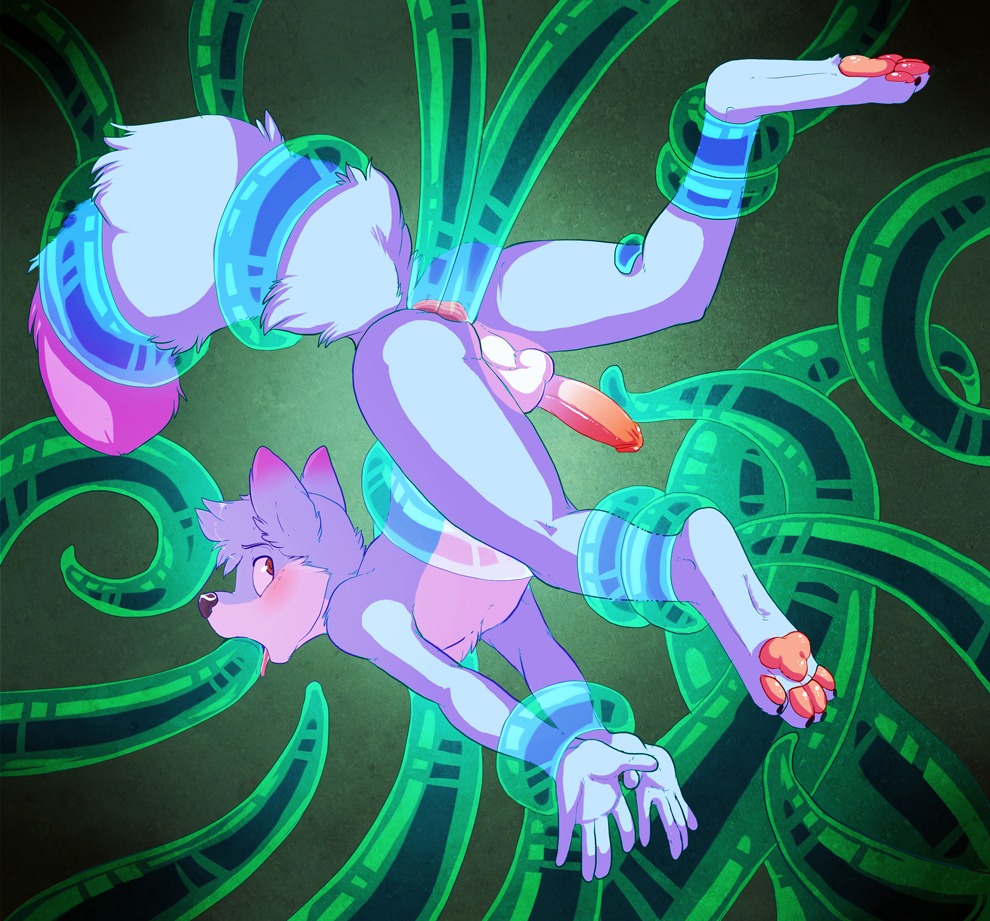 2012 anal anal_penetration anthro anus arctic_fox aycee backsack balls blue_body blue_fur blush butt canid canine digital_media_(artwork) double_anal double_penetration e621 erection fox fur genitals goji_(flitchee) green_theme humanoid_genitalia humanoid_penis male mammal nude oral oral_penetration pawpads paws penetration penis red_eyes restrained sex shaded solo suspension tail tail_grab tentacle_in_mouth tentacle_penetration tentacles translucent translucent_tentacles true_fox white_body white_fur