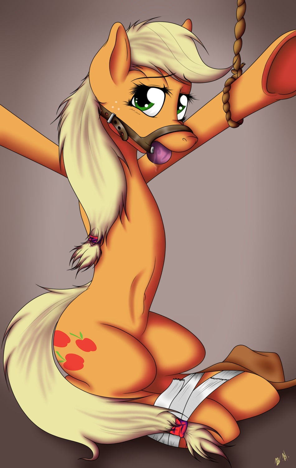 absurd_res applejack_(mlp) ball_gag bdsm black-husky blonde_hair bodily_fluids bondage bound clothing cutie_mark e621 earth_pony equid equine female feral freckles friendship_is_magic gag gagged green_eyes hair hasbro hat headgear headwear hi_res hooves horse mammal my_little_pony pony ponytail rope saliva scared simple_background solo submissive submissive_female tape tape_bondage