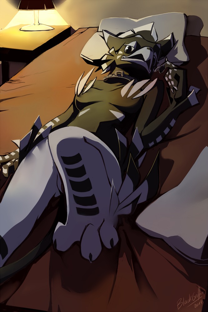 3_toes anthro avian barely_visible_genitalia barely_visible_vulva beak bed black_body black_fur blackgriffin breasts collar e621 feathers feet female fur furniture genitals gryphon lamp looking_at_viewer markings mythological_avian mythological_creature mythology noire_(blackgriffin) non-mammal_breasts solo third-party_edit toes vulva
