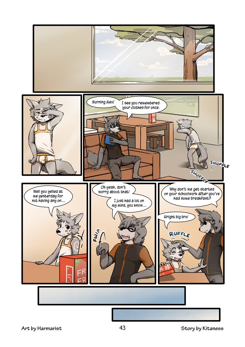 adolescent age_difference alex_(harmarist) anthro barefoot bench bottomwear briefs brother_(lore) brothers_(lore) bulge canid canine canis cereal child clothed clothed_anthro clothed_male clothing cloud comic deception detailed_bulge dialogue duo e621 english_text eyewear fangs feet food frown fully_clothed fully_clothed_anthro fully_clothed_male fur furgonomic_bottomwear furgonomics furniture glasses happy harmarist headpat hi_res looking_at_another looking_at_relative looking_at_sibling male male/male mammal multiple_scenes number older_brother older_male older_sibling open_mouth open_smile page_number pantsless_anthro pantsless_male plant sheath_and_knife shirt shorts sibling_(lore) size_difference smile sofa table tail tank_top teeth text tighty_whities toes topwear tree underwear white_briefs white_clothing white_underwear will_(harmarist) window wolf young young_anthro zipper