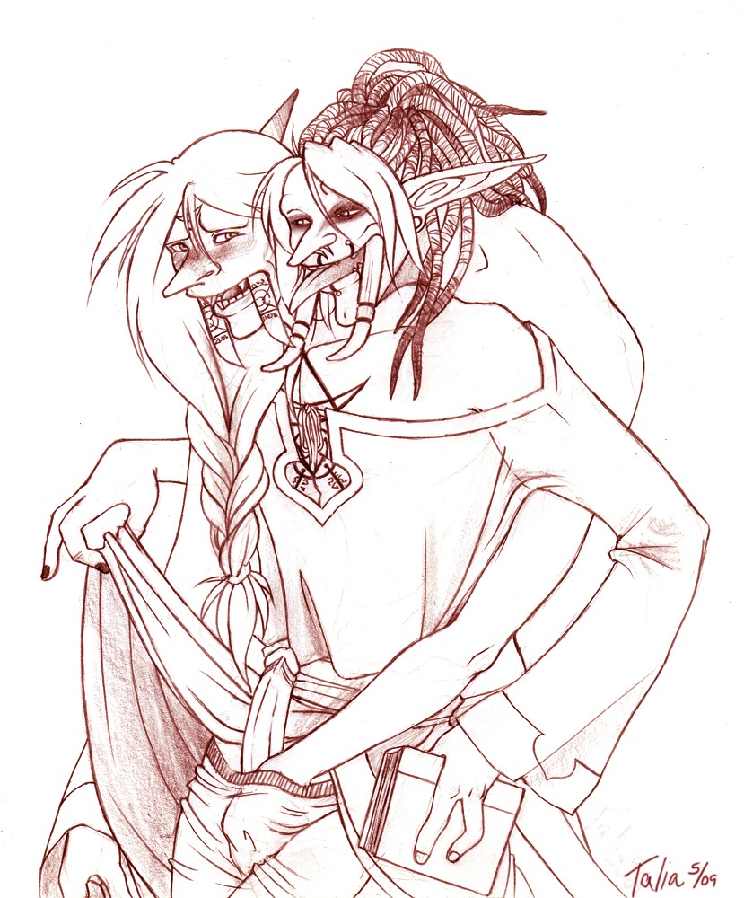 blizzard_entertainment clothed clothing dreadlocks duo e621 erection genitals grope hair humanoid humanoid_genitalia humanoid_penis humanoid_pointy_ears long_hair male male/male not_furry penis pointy_ears talia tongue troll_(mythology) tusks unknown_artist warcraft