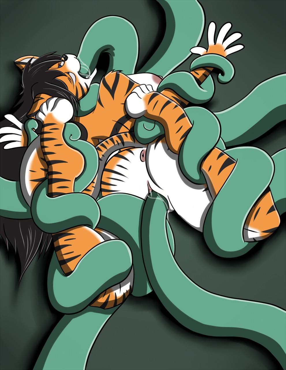 anthro black_hair blue_eyes breasts e621 felid female hair hi_res mammal nipples nude oral oral_penetration pantherine penetration restrained sex solo squeak_(artist) stripes tail tentacle_in_mouth tentacle_penetration tentacles tiger vaginal vaginal_penetration