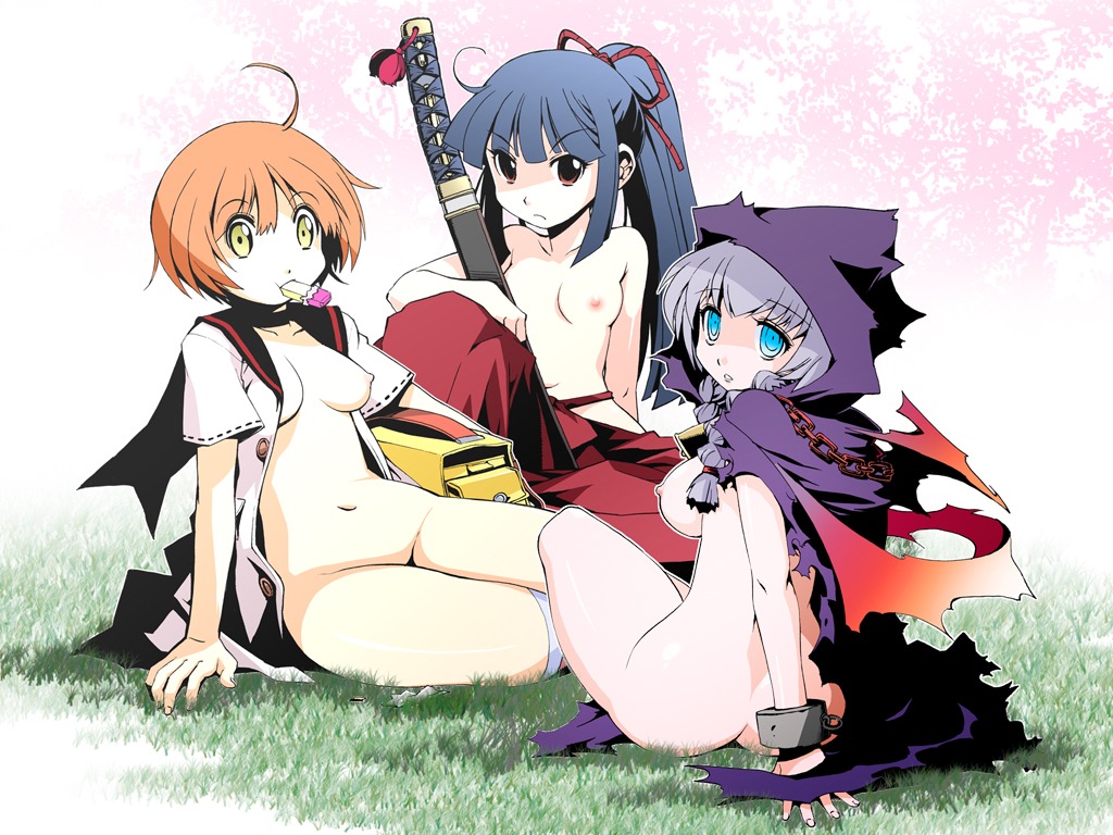 ass bottomless breasts bushidou_(sekaiju) clothing cuffs curse_maker etrian_odyssey female female_only hexer hood katana medic_(sekaiju) medium_breasts mouth_hold multiple_females multiple_girls muramasa_mikado naked_cape naked_shirt nipples no_bra nude open_clothes open_shirt rule34 sekaiju_no_meikyuu shirt small_breasts sword topless weapon