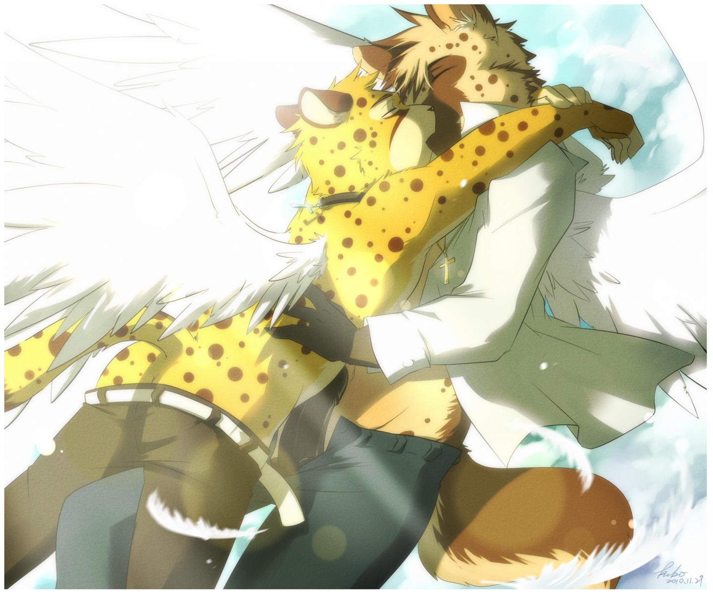 2010 6:5 angel anthro butt cheetah clothed clothing cross detailed_background duo e621 erection feathered_wings feathers felid feline flying genitals hi_res hyena jake_(stripes) kissing kubikitsune male male/male mammal midair penis romantic romantic_couple salem_(stripes) spotted_hyena tail topless wings