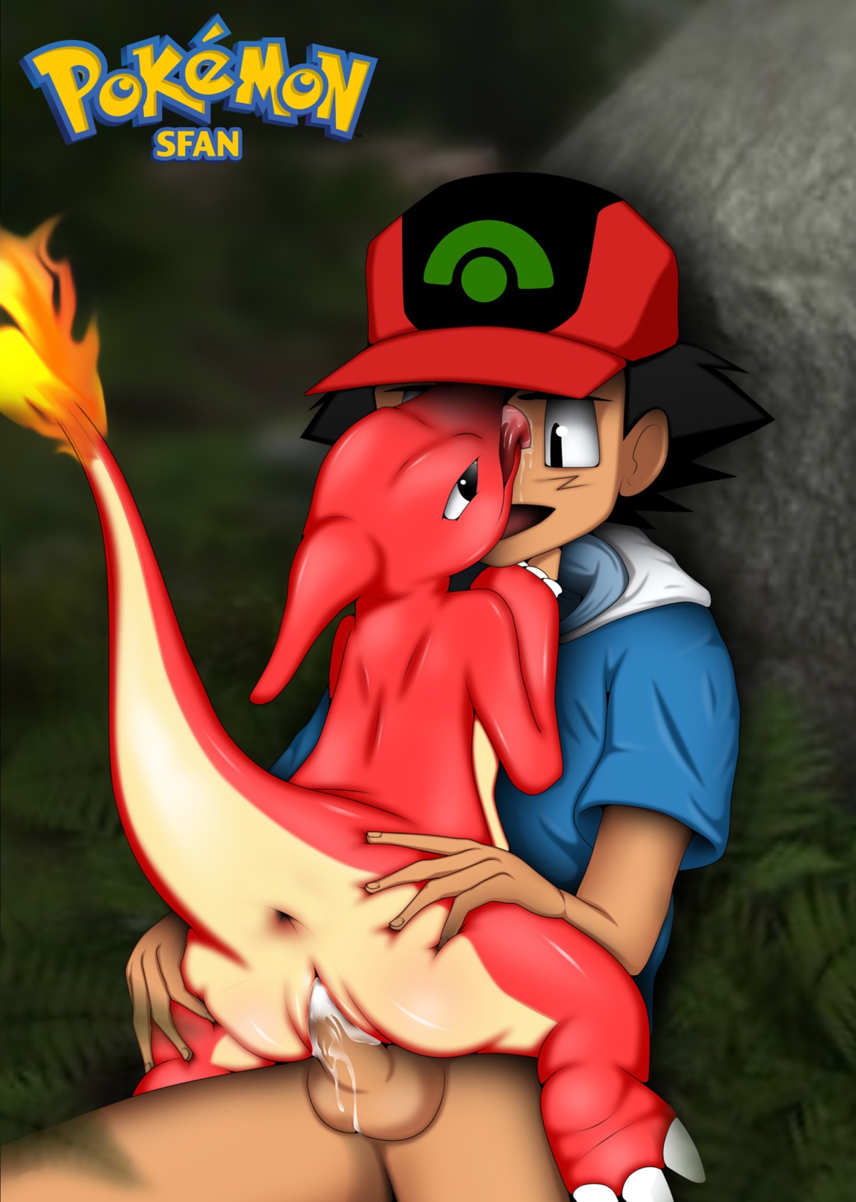 anus balls beige_skin bottomless charmeleon claws clothes color cum female fire fluids hat human interspecies licking male nintendo nude open_mouth penis pokemon pokephilia pussy raised_tail red_skin round_ears rule34 satoshi_(pokemon) sex sfan straight tail tail_fire testicles tongue tongue_out vaginal_penetration vulva
