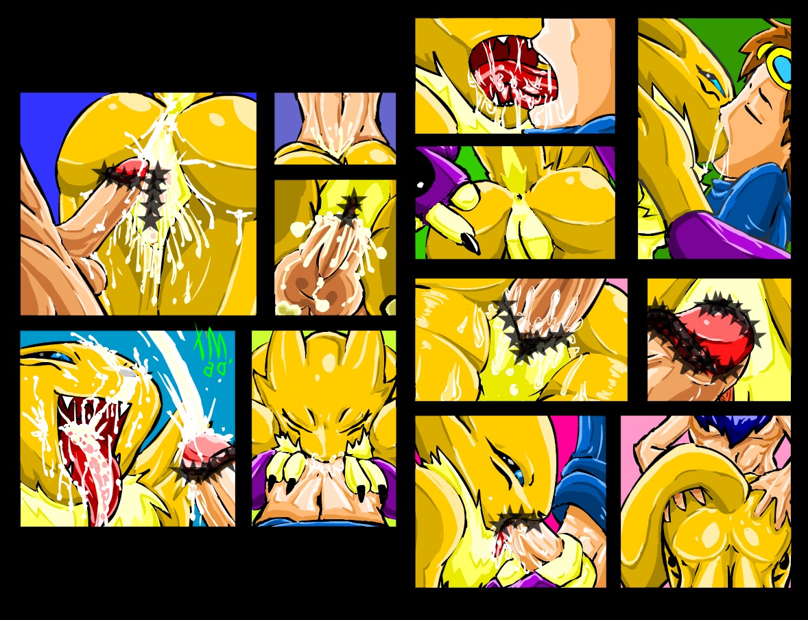 anthro bandai_namco black_sclera bodily_fluids breasts canid canine claws clothing comic cum digimon digimon_(species) digiphilia duo e621 erection female fluffy fluffy_tail fur genital_fluids genitals gloves handwear human human_on_anthro humanoid_genitalia humanoid_penis interspecies male male/female mammal nipples open_mouth penis renamon sex tail unknown_artist vulva white_body white_fur yellow_body yellow_fur