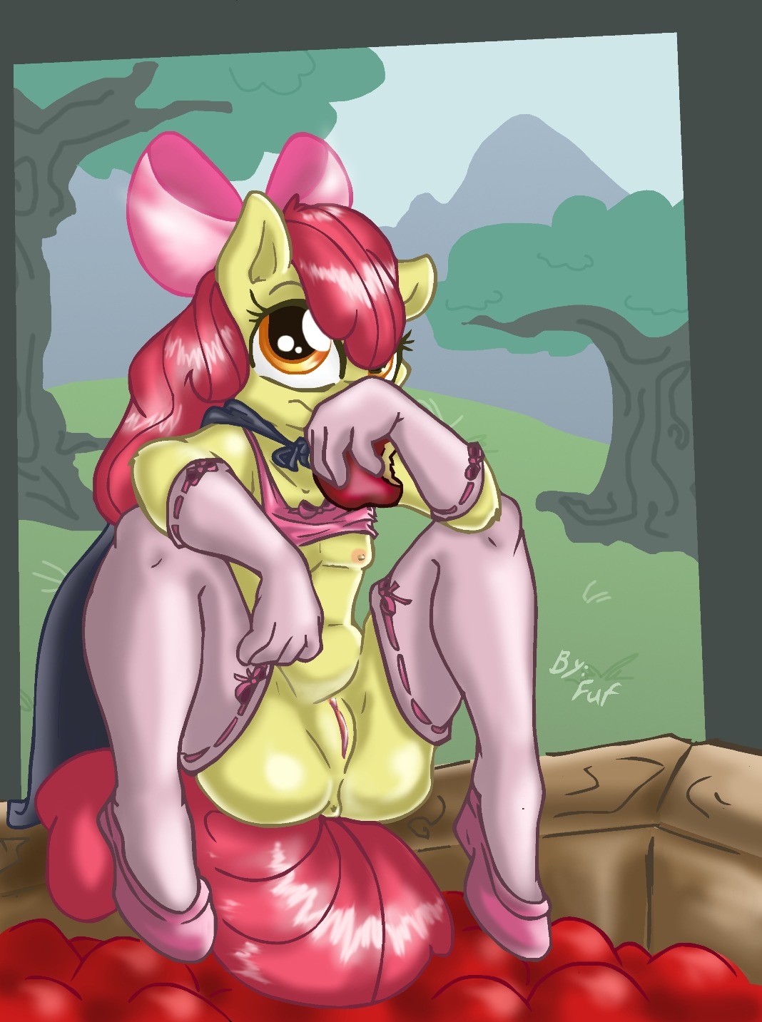 2013 accessory amber_eyes anthro anthrofied anus apple apple_bloom_(mlp) biped bow_(feature) bow_accessory bow_ribbon cape clothing e621 earth_pony equid equine female food friendship_is_magic fruit fuf genitals hair hair_accessory hair_bow hair_ribbon hasbro hi_res horse legwear looking_at_viewer mammal my_little_pony nipples outside plant pony red_hair ribbons sitting solo stockings vulva