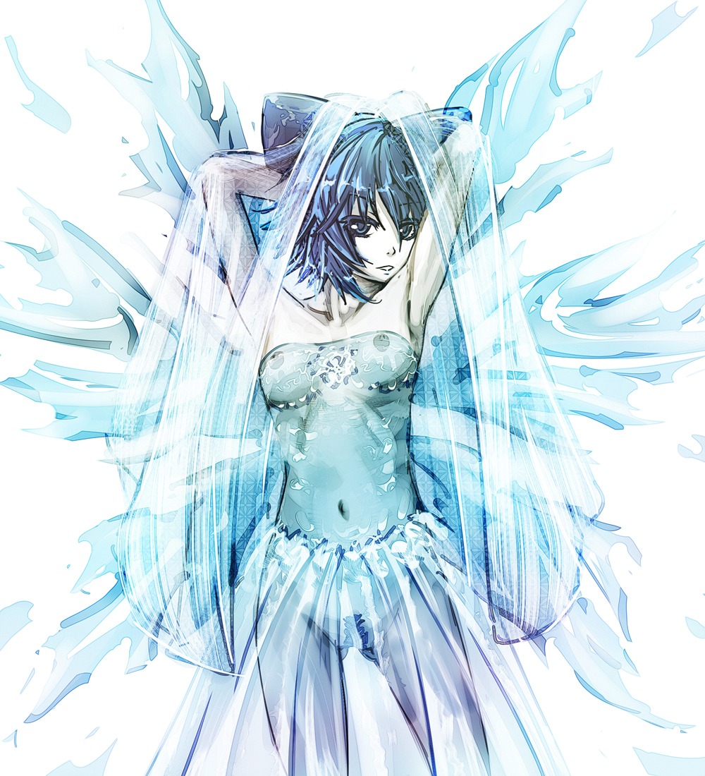 bangs blue_eyes blue_hair breasts cirno eyebrows_visible_through_hair fairy female female_only hairbow looking_at_viewer navel nipples pubic_hair rule34 simple_background touhou white_background