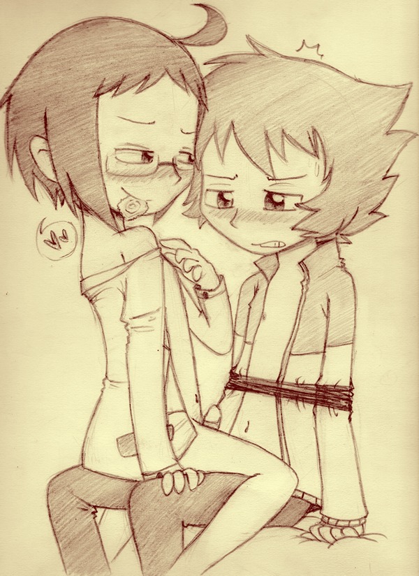 2boys blush cheren_(pokemon) condom condom_in_mouth female glasses heart hilbert_(pokemon) male monochrome penis pokemon pokemon_bw rule34 sitting_on_lap sketch tied_up yaoi