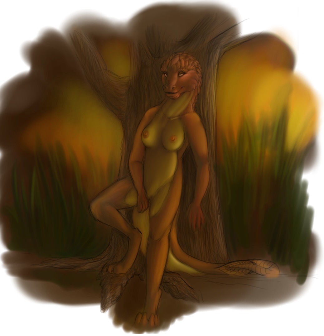 anthro belly breasts breogh bronze detailed_background dragon e621 female flyingfire forest grass mythological_creature mythological_scalie mythology nature nipples non-mammal_breasts non-mammal_nipples orange_body outside plant pose scalie silvrwingsdragon solo tail teasing tree wood yellow_belly