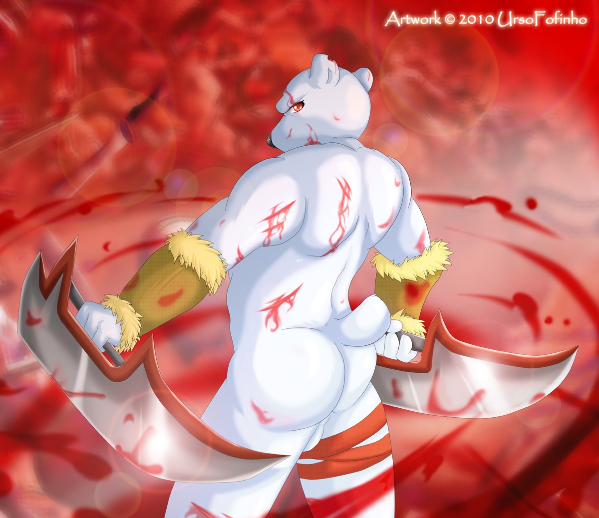 2010 anthro backsack balls bear biped black_nose blood bodily_fluids butt e621 genitals looking_at_viewer looking_back male mammal polar_bear rear_view red_eyes scratches solo standing ursine ursofofinho weapon