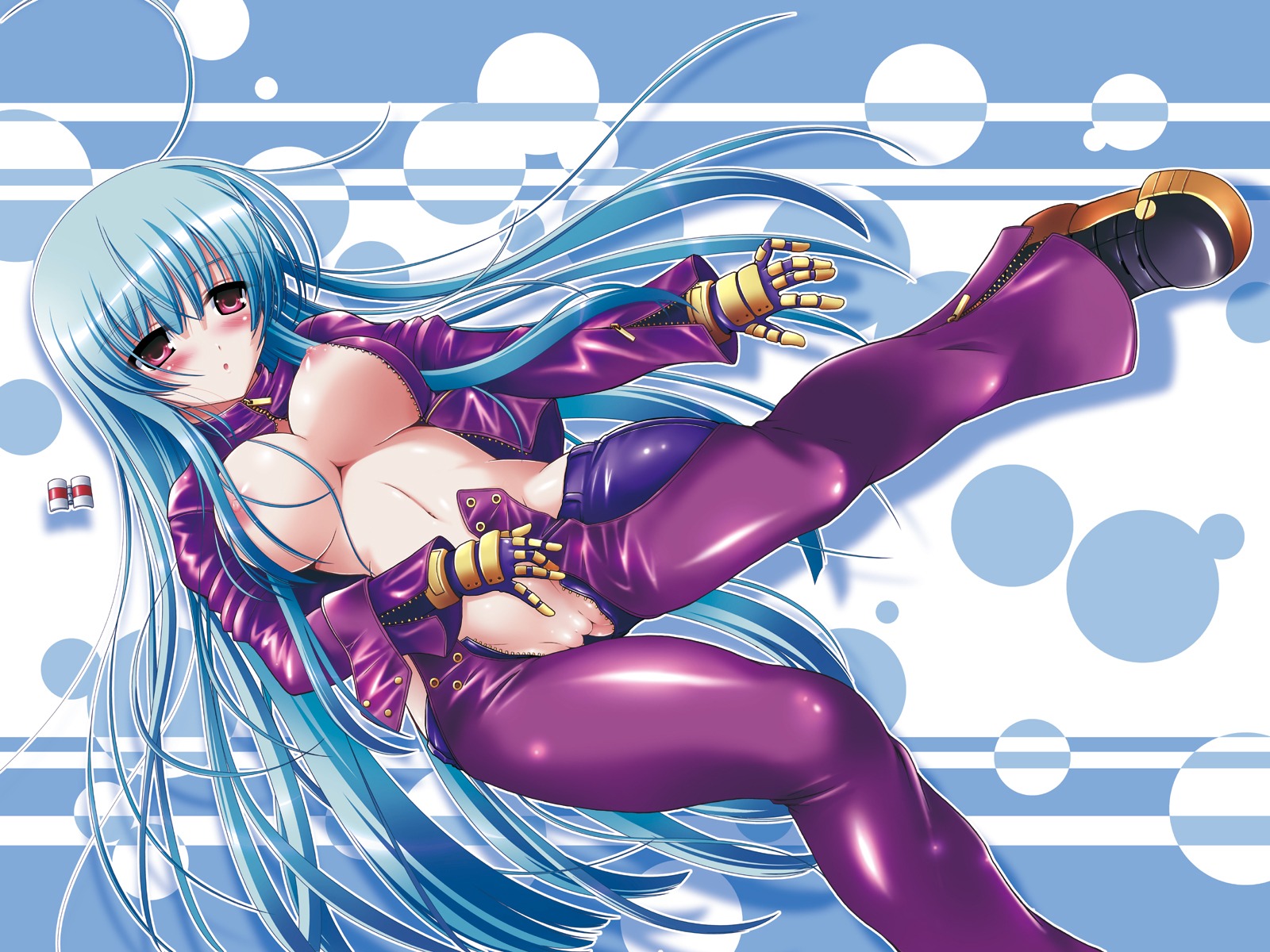 blue_hair blush breasts c.r. cleavage female highres king_of_fighters kula_diamond long_blue_hair long_hair navel nipples open_clothes pointy_chin pussy red_eyes rule34 snk uncensored unzipped