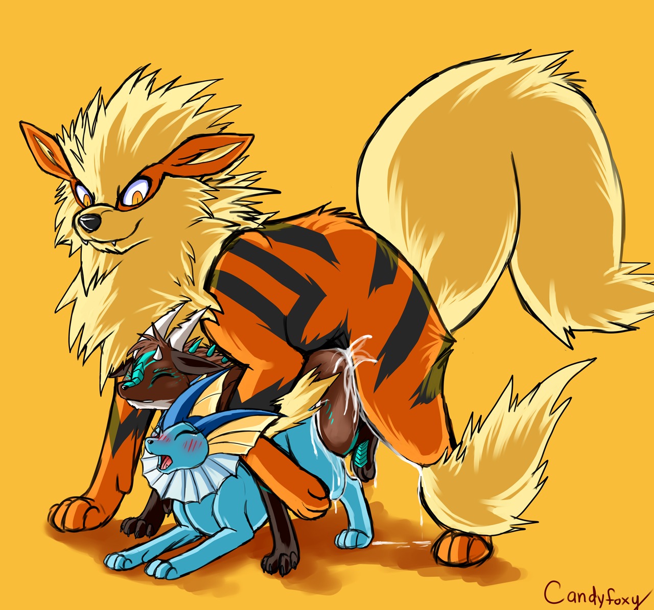2013 all_fours ambiguous_gender arcanine bisexual blush bodily_fluids brown_body brown_fur candyfoxy canid canine cum cum_inside cum_on_fur digital_media_(artwork) doggystyle dragonorca e621 eeveelution eyes_closed female feral feral_on_feral from_behind_position fur generation_1_pokemon genital_fluids group horn interspecies lucky_pierre male male/female male/male mammal nintendo pokemon pokemon_(species) sex shaded tail vaporeon