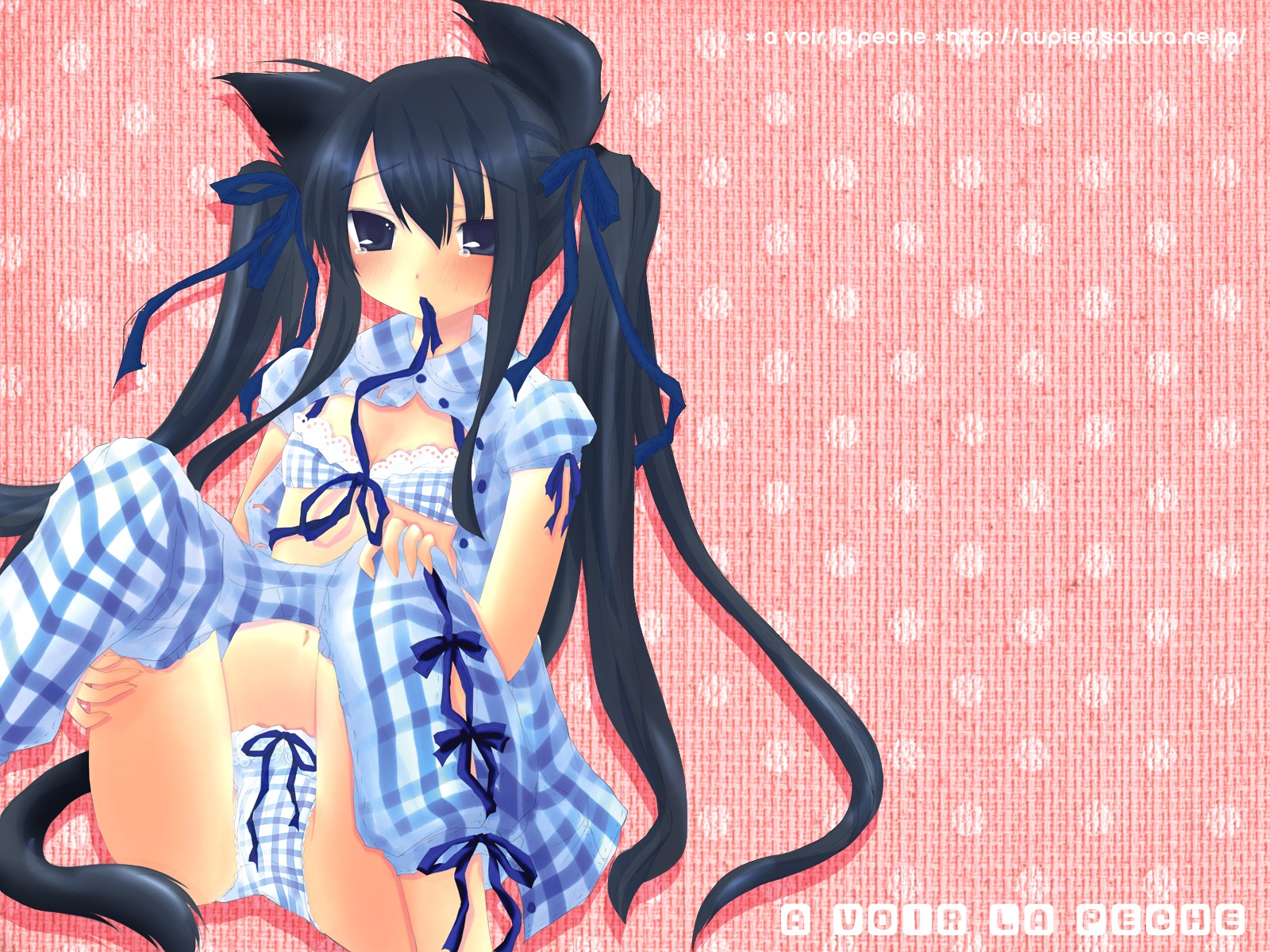 animal_ears au_pied cat_ears cat_tail female high_res highres panties ribbon rule34 tail tear tied_hair twintails underwear undressing wallpaper