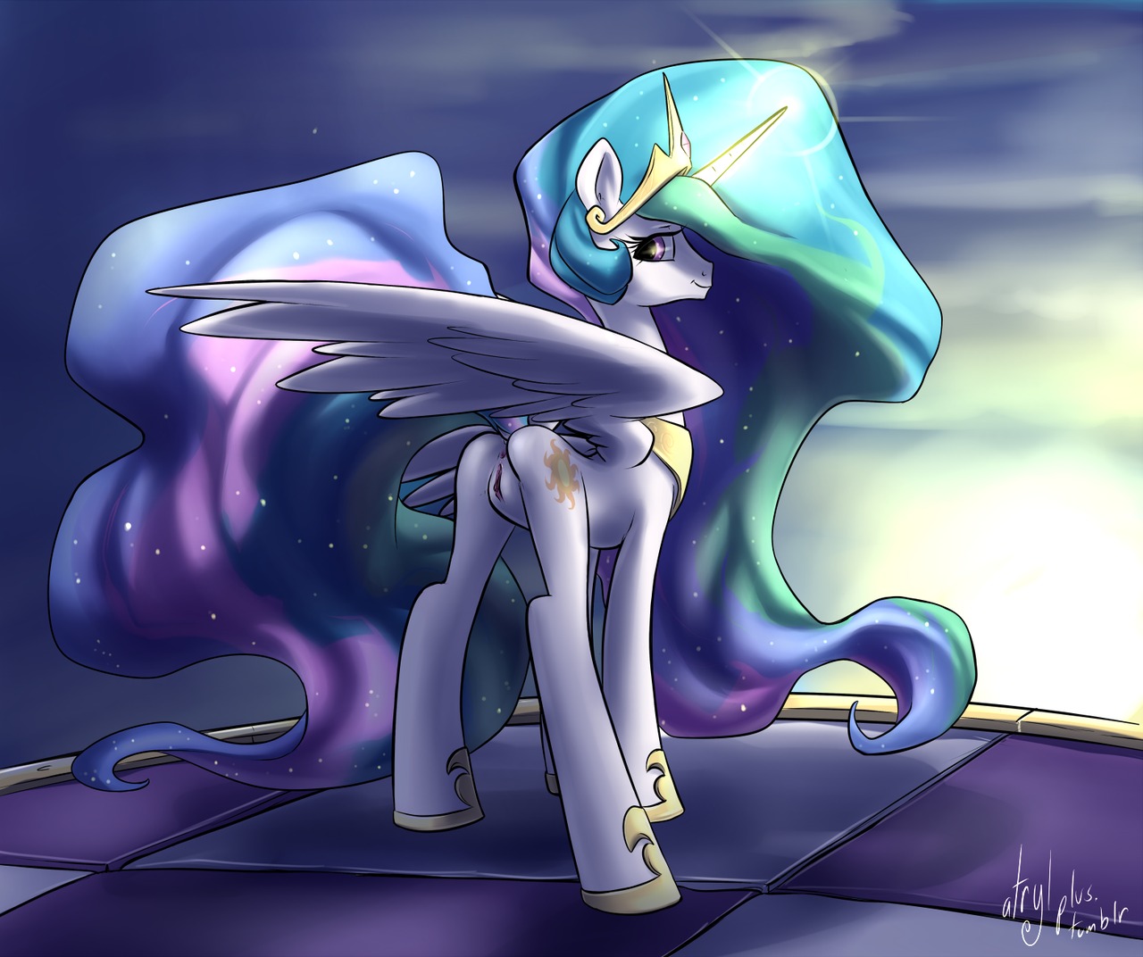 2012 anus atryl butt crown cutie_mark digital_media_(artwork) e621 equid equine feathered_wings feathers female feral friendship_is_magic genitals hair hasbro headgear horn long_hair looking_at_viewer looking_back mammal multicolored_hair my_little_pony mythological_creature mythological_equine mythology princess_celestia_(mlp) purple_eyes quadruped solo tail vulva white_body white_feathers winged_unicorn wings