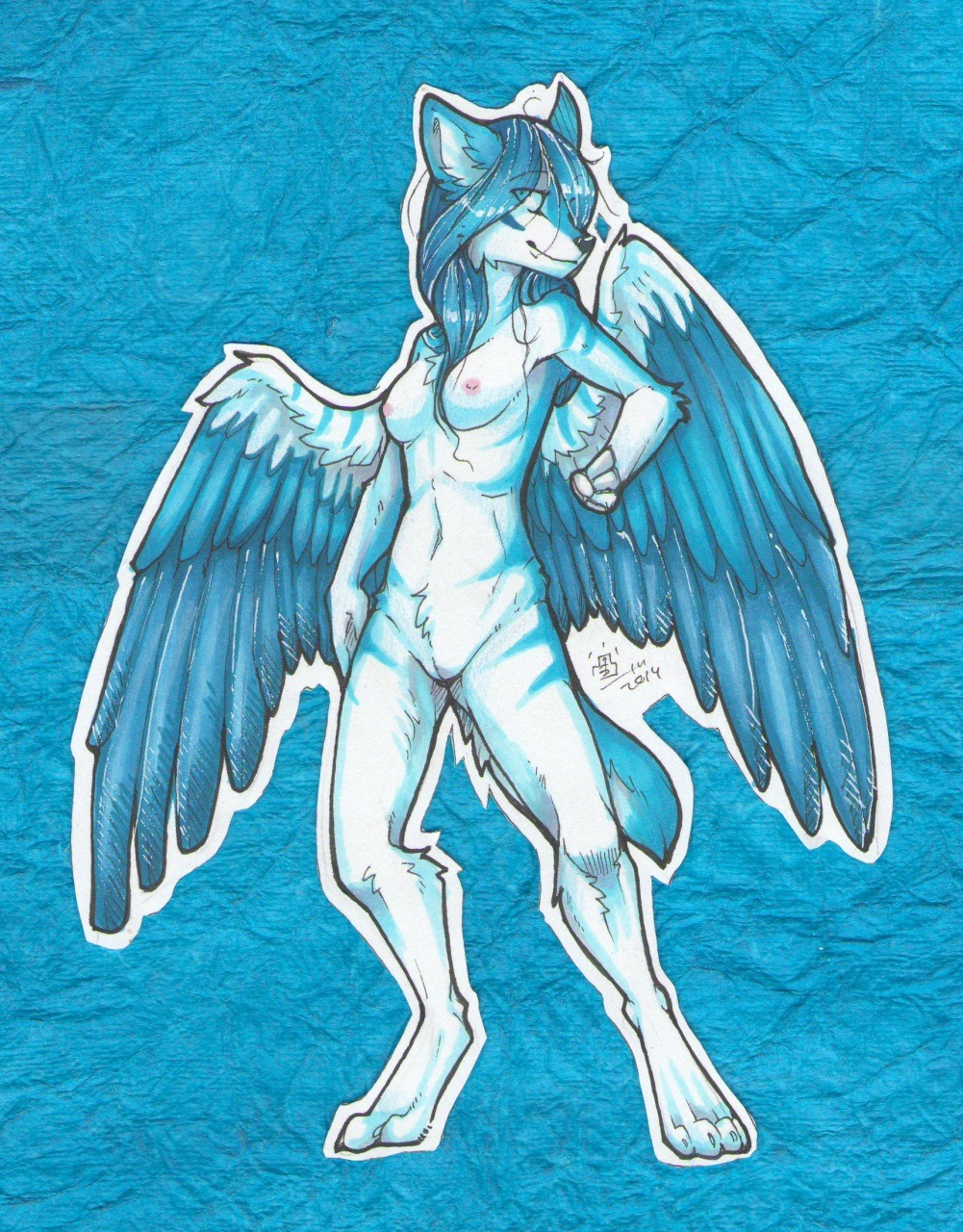 anthro breasts canid canine canis e621 feathered_wings feathers female fur genitals grostenmeiers hi_res mammal nipples nude solo striped_body striped_fur stripes tala_(suntattoowolf) vulva white_body white_fur wings wolf