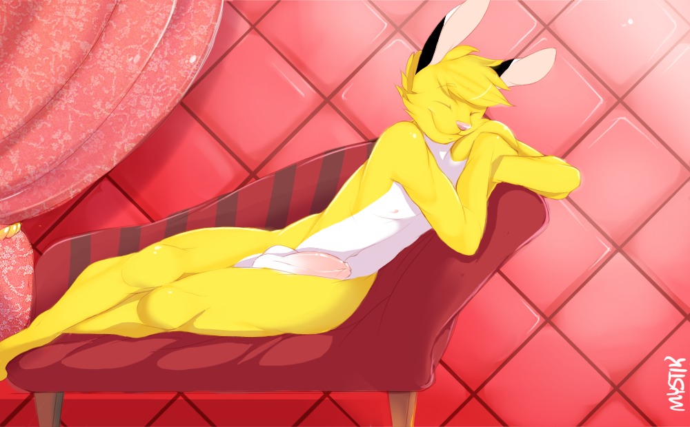2012 anthro bae_bunny balls biped e621 erection eyes_closed genitals humanoid_genitalia humanoid_penis lagomorph leporid lying male mammal mystikfox61 nipples nude penis pose rabbit solo