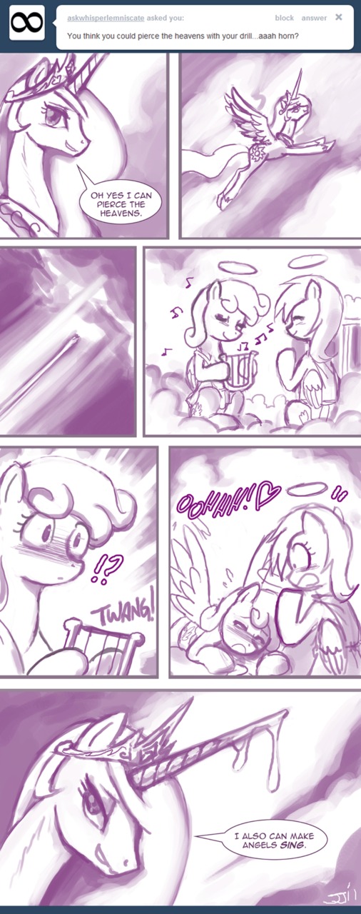 2011 alternate_species ask_blog ask_princess_molestia blush bodily_fluids bonbon_(mlp) comic cutie_mark dialogue e621 english_text equid equine exclamation_point eyes_closed fan_character feathered_wings feathers female female/female feral friendship_is_magic genital_fluids group hair halo harp hasbro heart_symbol hi_res horn interrobang john_joseco long_hair looking_at_viewer lyra_heartstrings_(mlp) male mammal musical_instrument my_little_pony mythological_creature mythological_equine mythology open_mouth orgasm pegasus plucked_string_instrument princess princess_celestia_(mlp) princess_molestia quadruped question_mark royalty string_instrument tail text tumblr vaginal_fluids wing_boner winged_unicorn wings