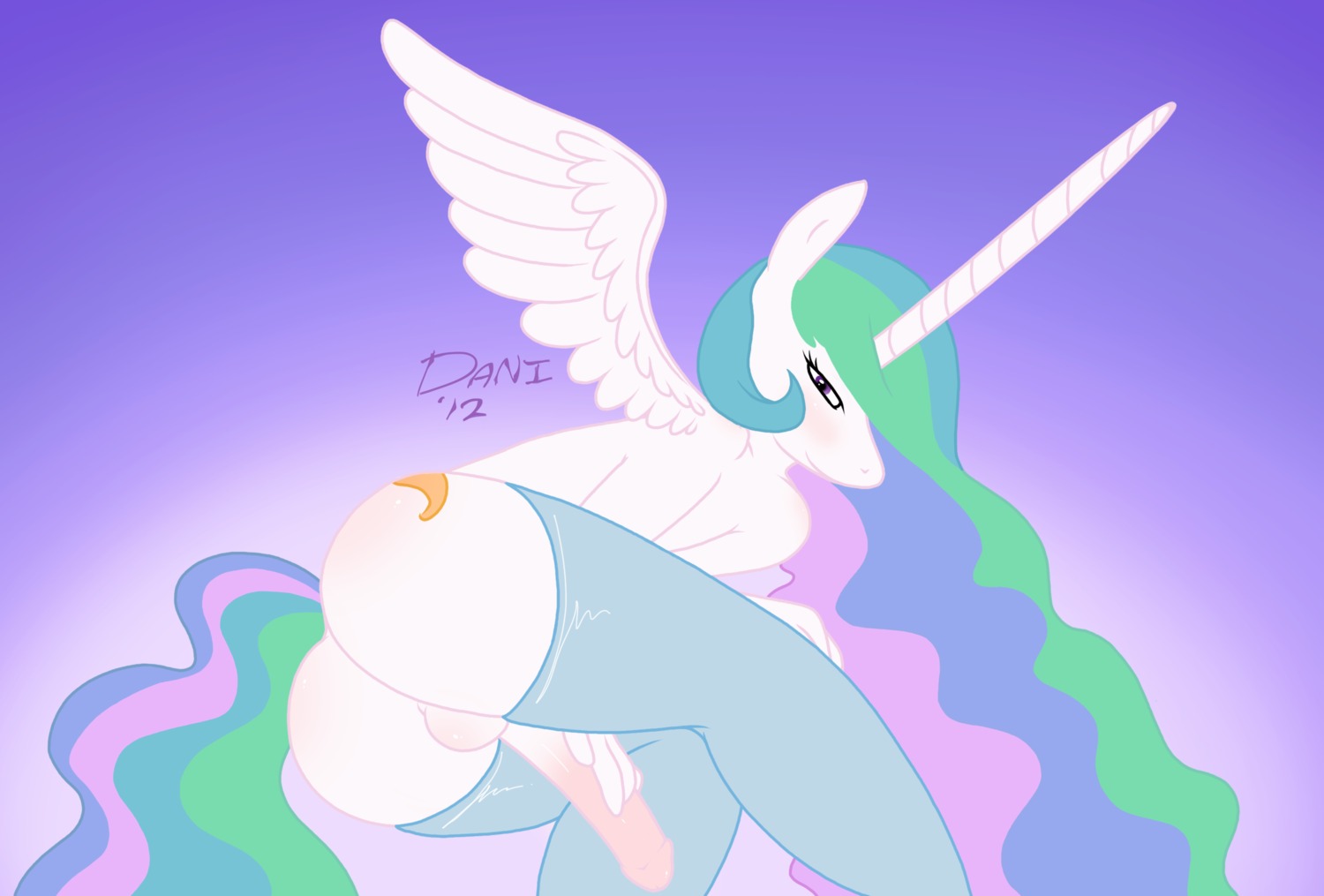 anthro anthrofied backsack balls biped blush butt clothed clothing crossdressing crossgender cutie_mark daniruu e621 equid equine erection feathered_wings feathers femboy friendship_is_magic ftm_crossgender genitals hair hasbro hi_res horn legwear long_hair long_tail male mammal multicolored_hair my_little_pony mythological_creature mythological_equine mythology penis prince princess_celestia_(mlp) purple_eyes royalty solo stockings sun tail white_body white_feathers winged_unicorn wings