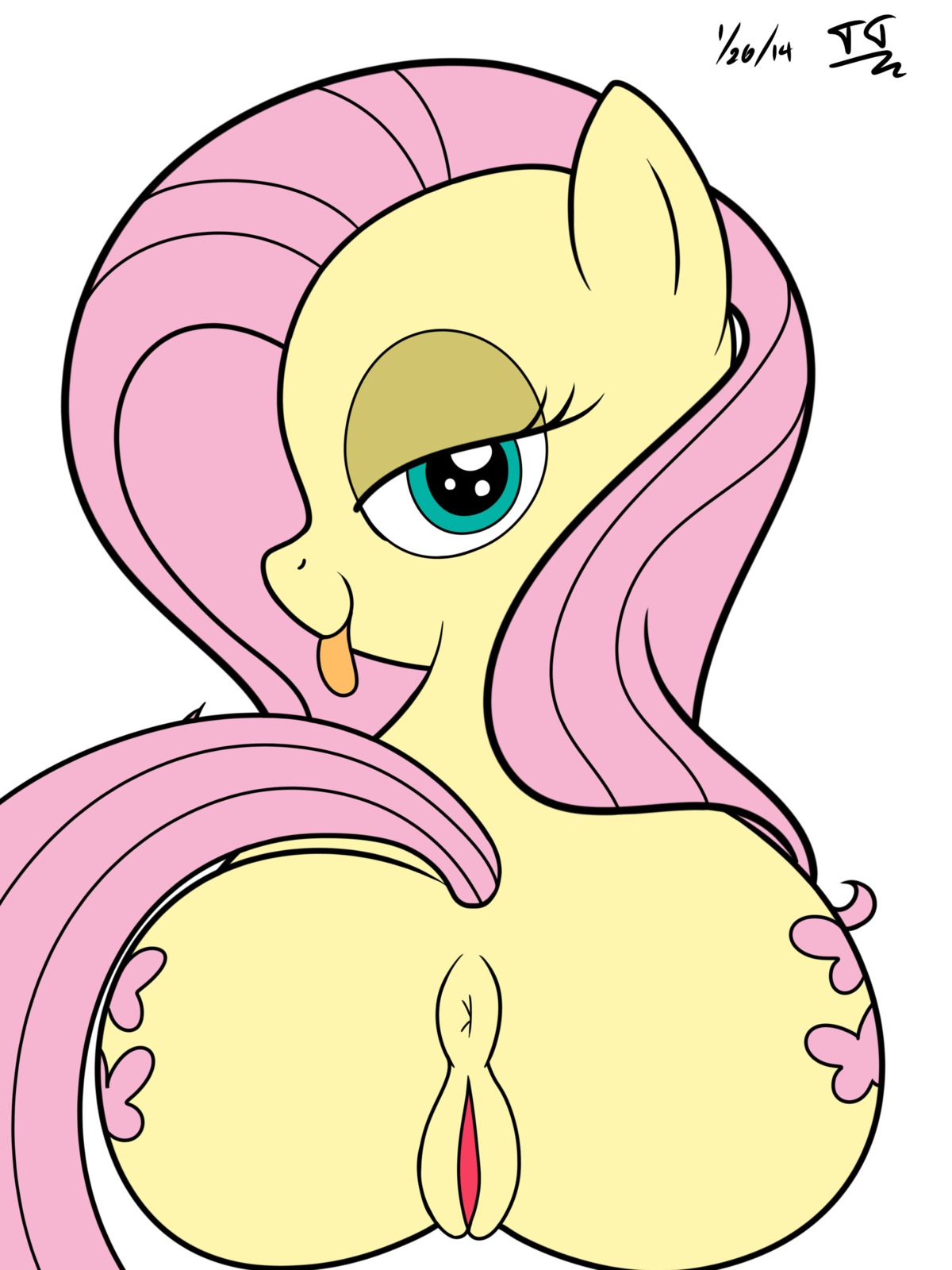 2014 3:4 absurd_res anus butt cutie_mark e621 equid equine female feral fluttershy_(mlp) friendship_is_magic fur genitals green_eyes hair half-closed_eyes hasbro hi_res horse long_hair looking_at_viewer looking_back mammal my_little_pony narrowed_eyes pink_hair pony simple_background solo tomtornados tongue tongue_out vulva white_background yellow_body yellow_fur