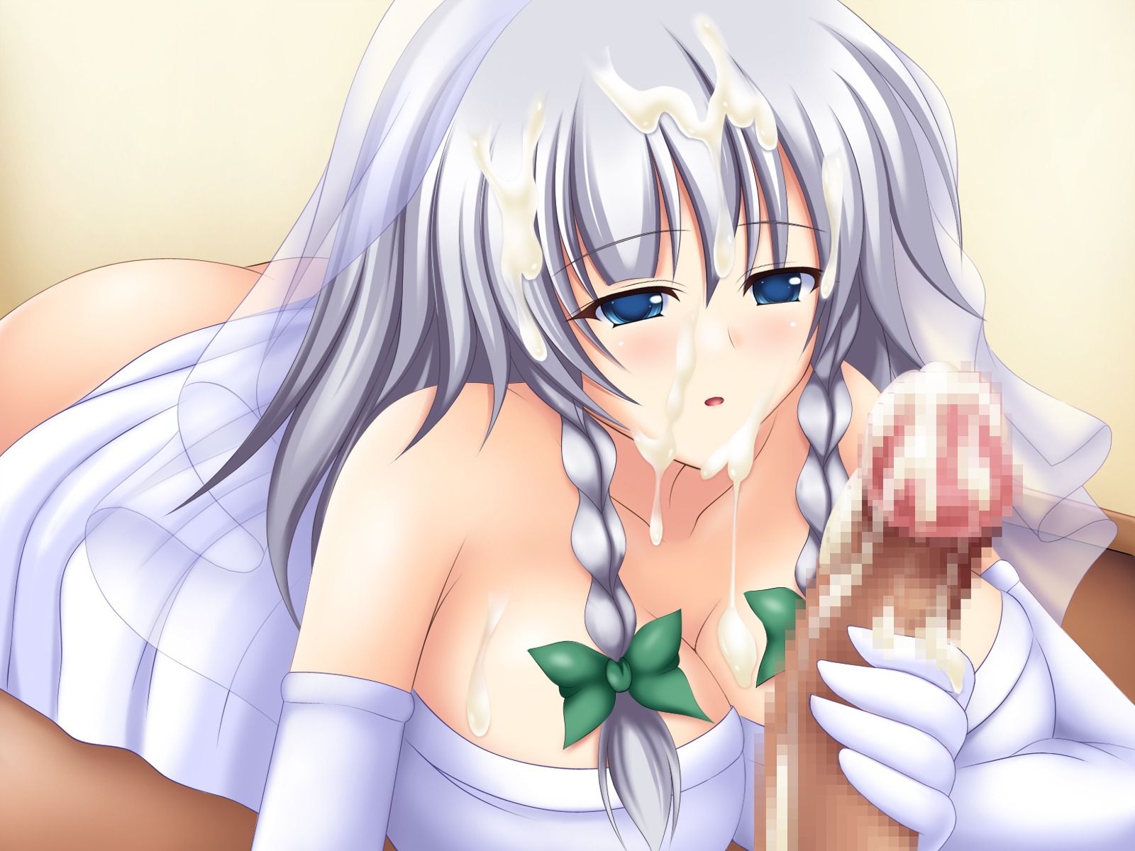 1boy 1girls 2d blue_eyes bridal_gauntlets bridal_veil bride censored cum_on_face dark-skinned_male dark_skin female gloved_handjob gloves hand_on_penis handjob handjob_with_gloves holding_penis light-skinned_female light_skin male mosaic_censoring penis rule34 sakuya_izayoi tagme touching_penis touhou wedding_dress white_gloves white_hair