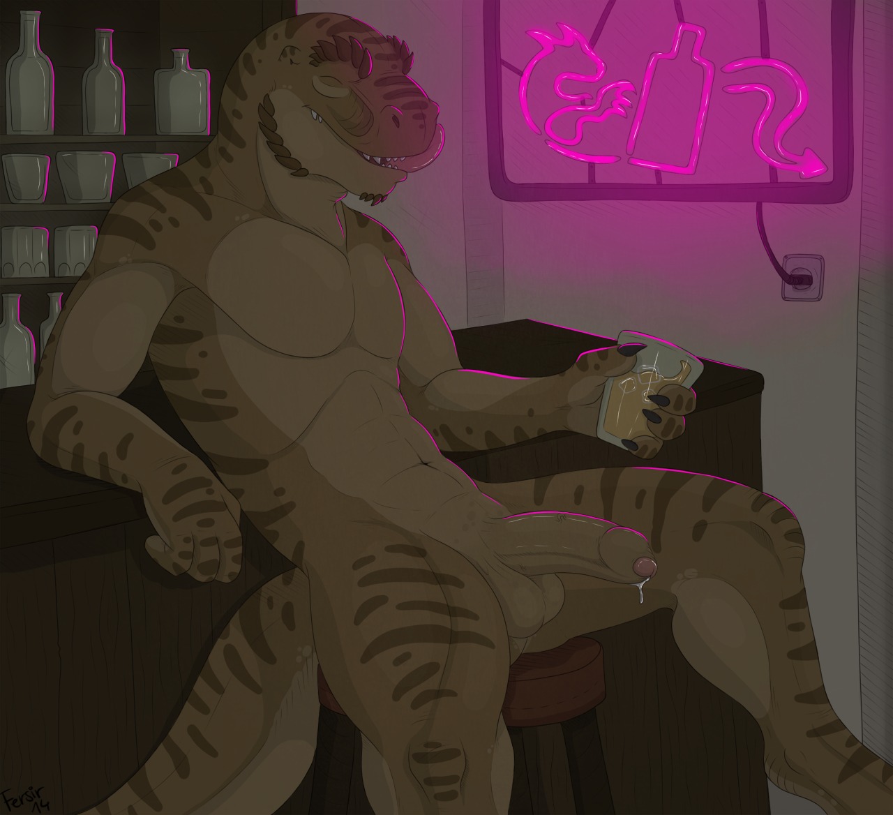 2014 abs alcohol anthro athletic balls bar bar_stool beverage biceps biped bodily_fluids brown_body brown_penis brown_skin claws cum cum_drip dinosaur dripping e621 erection eyes_closed fersir foreskin furniture genital_fluids genitals glass half-erect holding_glass holding_object humanoid_genitalia humanoid_penis leaking leaning licking licking_lips licking_own_lips male muscular muscular_anthro neon_lights nude open_mouth pecs penis precum prehistoric_species public public_erection reclining reptile saurischian scalie self_lick sign sitting smile solo spikes stool stripes tail teeth theropod tight_foreskin tongue tongue_out tyrannosaurid tyrannosauroid tyrannosaurus tyrannosaurus_rex