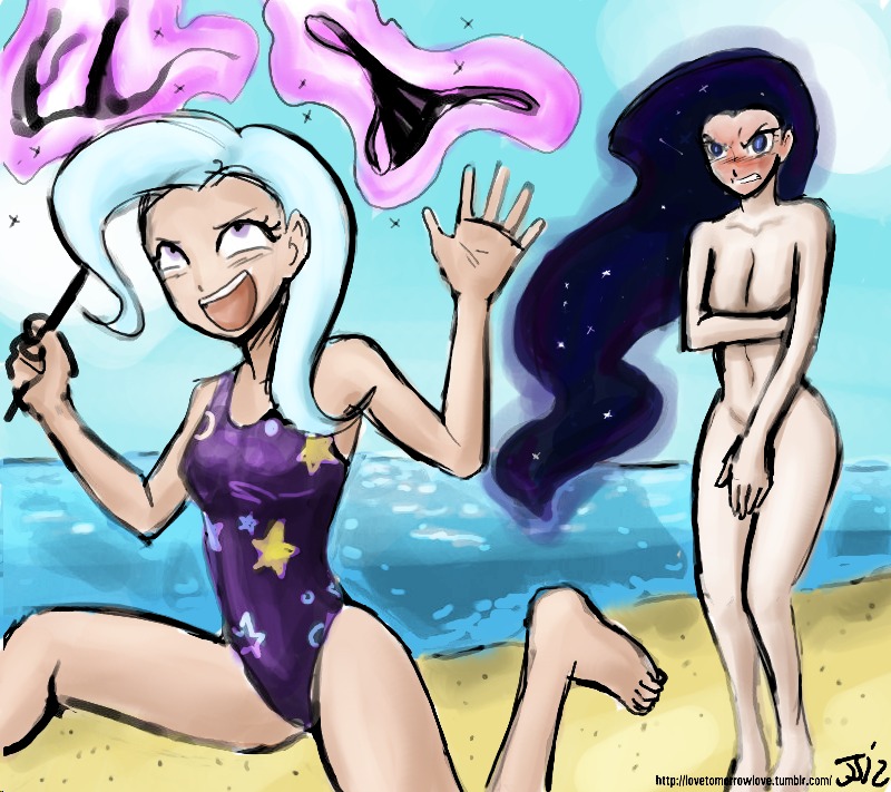 2girls angry beach bikini bikini_theft black_bikini black_hair blue_hair blush breasts clothes_theft clothes_thief covered_nipples covering covering_breasts covering_crotch embarrassed embarrassed_nude_female female female_only friendship_is_magic human human_only humanized john_joseco magic_wand multiple_females my_little_pony nightmare_moon nightmare_moon_(mlp) nude one-piece one-piece_swimsuit princess_luna_(mlp) purple_eyes purple_swimsuit rule34 smooth_skin swimsuit swimsuit_theft trixie_(mlp)