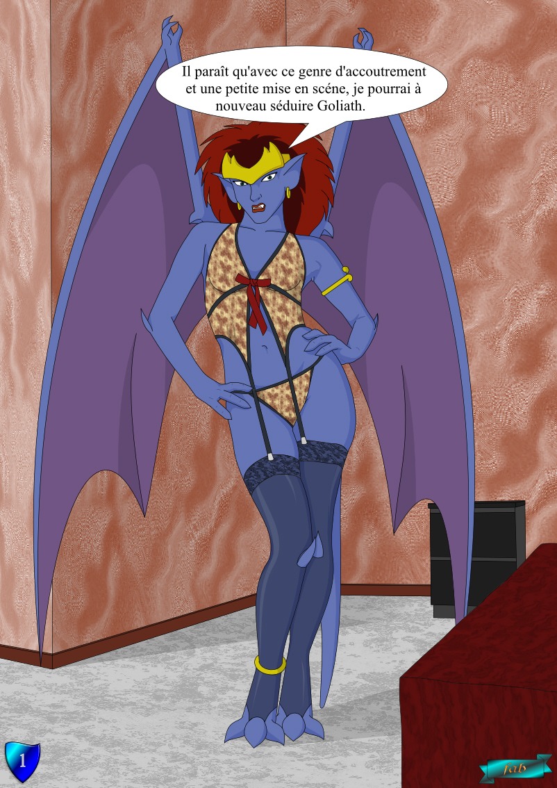 blue_skin brown_hair clothing demona disney fab3716 female female_only front_view gargoyle gargoyles indoors pose rule34 solo speech_bubble standing tagme wings