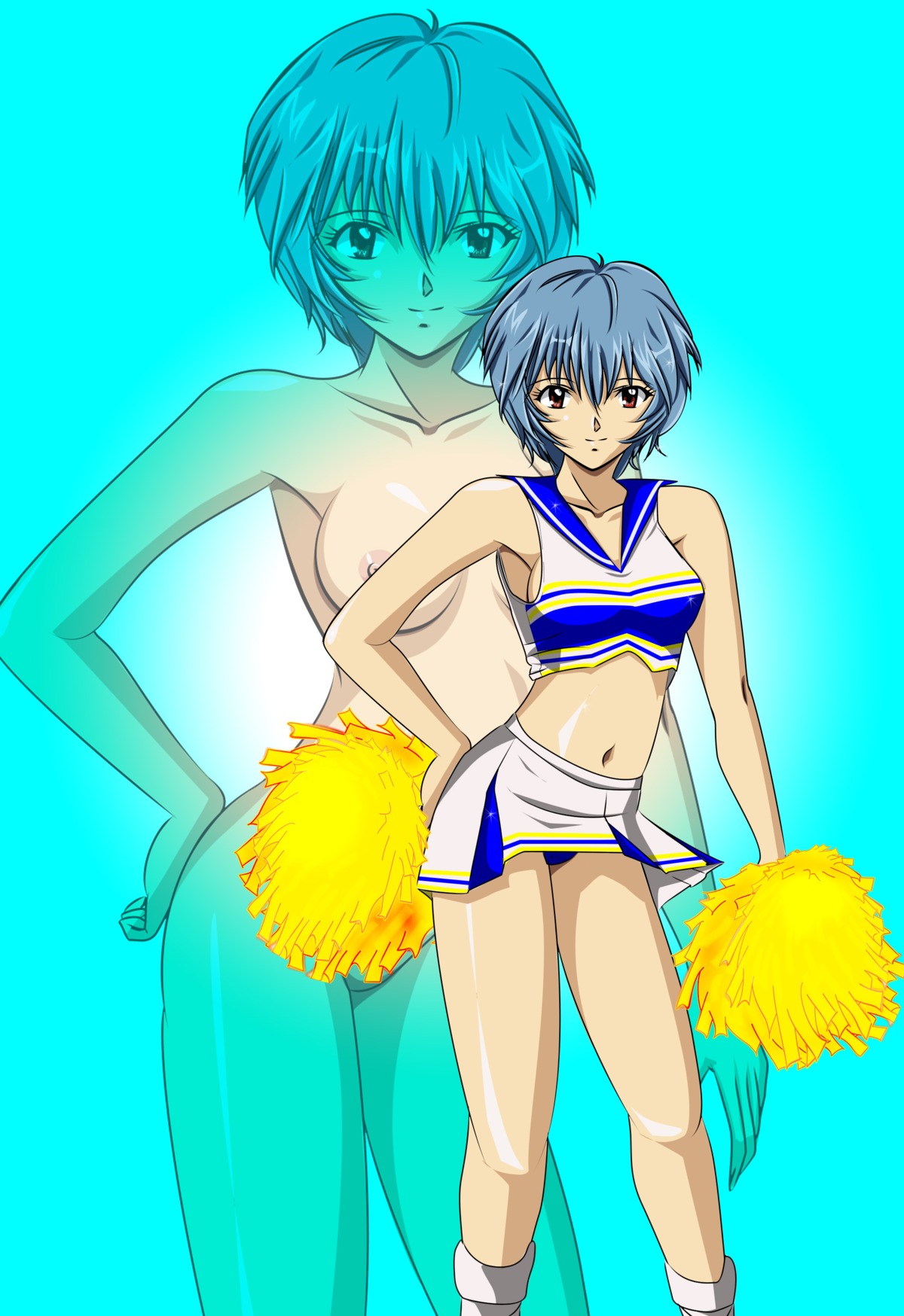 1girls blue_hair breasts cheerleader clothing female looking_at_viewer medium_breasts navel neon_genesis_evangelion panties posing red_eyes rei_ayanami rule34 short_hair skirt tagme uniform