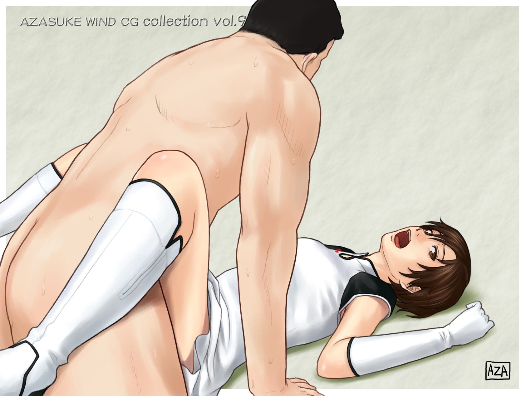 azasuke boots brown_eyes brown_hair clothed_sex dress gloves highres legs_up looking_at_viewer lying male missionary nagase_reiko on_back open_mouth race_queen racequeen ridge_racer rule34 sex short_hair sweat unseen_male_face white_dress