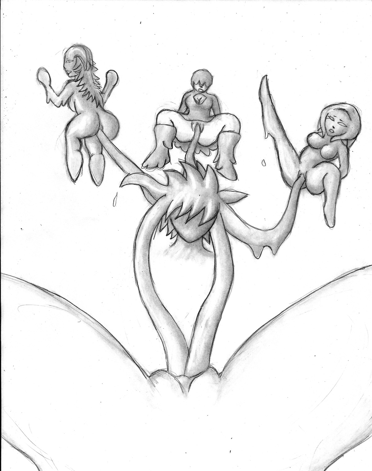 boots breasts cleavage cleavage_cutout clothed clothing cutout darkness789 double_penetration double_vaginal e621 female footwear group group_sex hi_res male male/female monochrome nude partially_clothed penetration sex shoes slime tentacles traditional_media_(artwork) vaginal vaginal_penetration