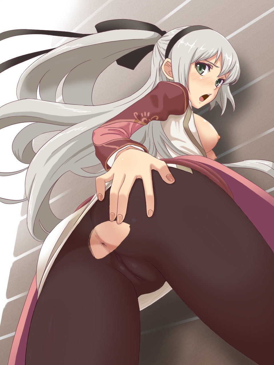 anus ass black_pantyhose blush breasts eiyuu_densetsu elie_macdowell female green_eyes hair_ribbon hairband hou_(hachiyou) long_hair looking_back nipples pantyhose ponytail rule34 tied_hair white_hair zero_no_kiseki